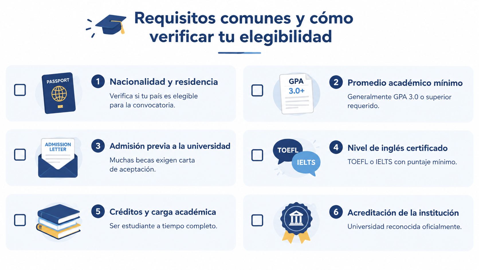 Lista de requisitos comunes y pasos para verificar la elegibilidad al aplicar a una beca universitaria.