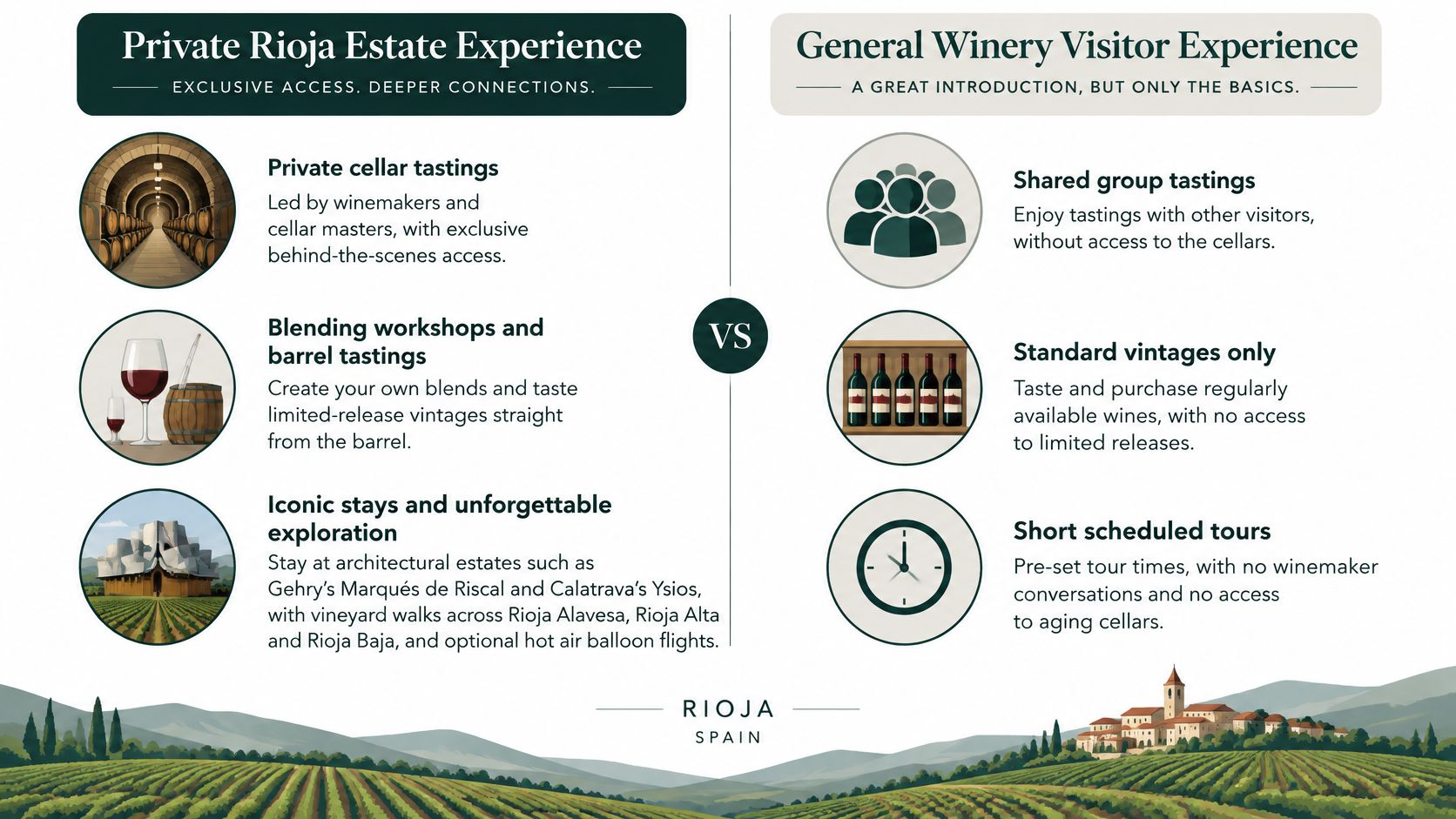 A comparison chart showing the differences between exclusive private Rioja estate experiences and general winery visitor tours.
