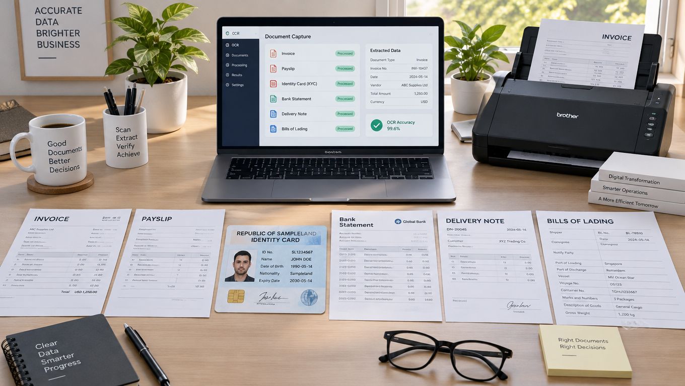 A modern workspace showing a laptop displaying OCR document capture software, scanner, and various business documents.