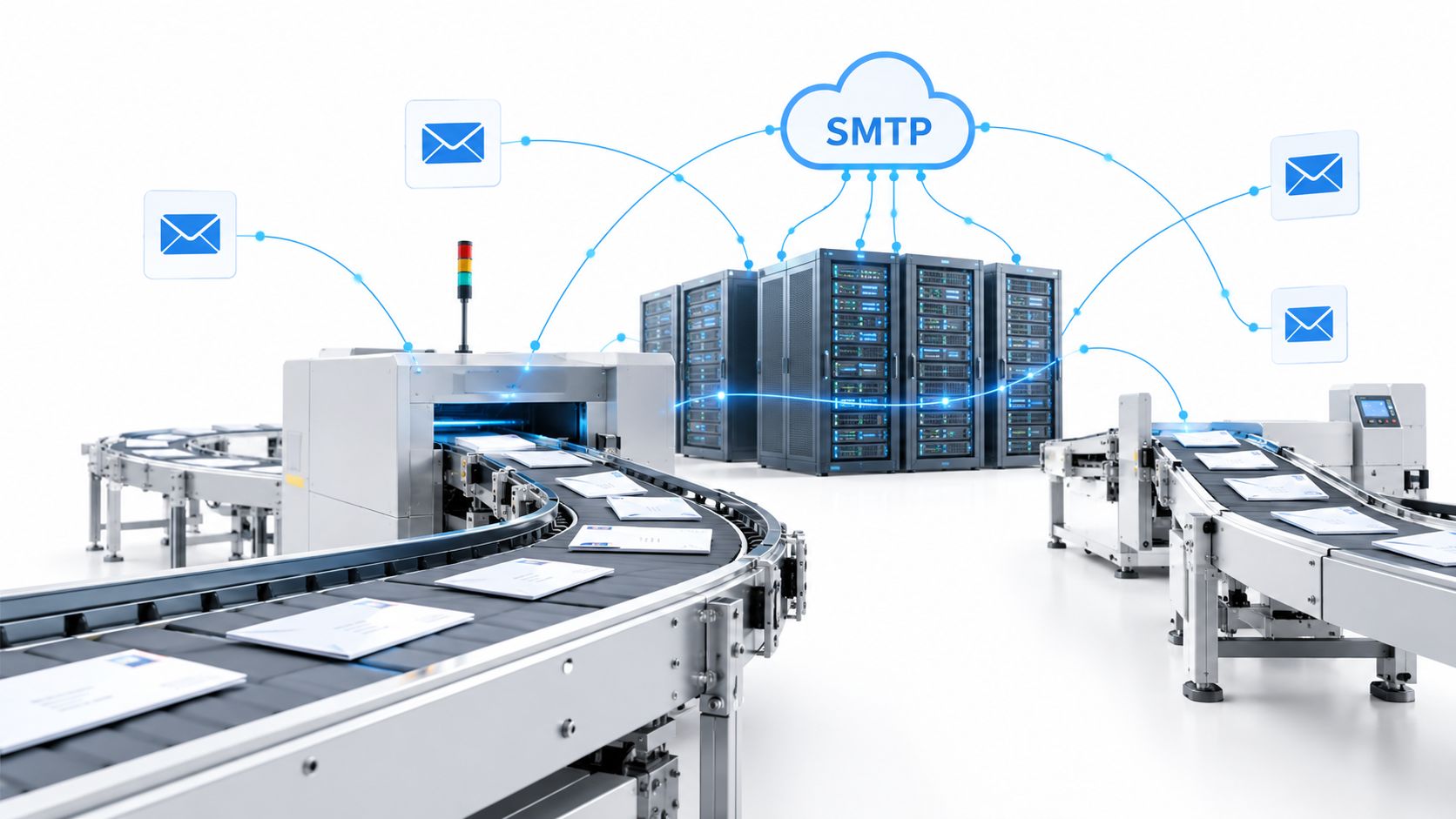 A conceptual illustration of automated mail processing integrated with cloud-based SMTP server infrastructure for email relaying.