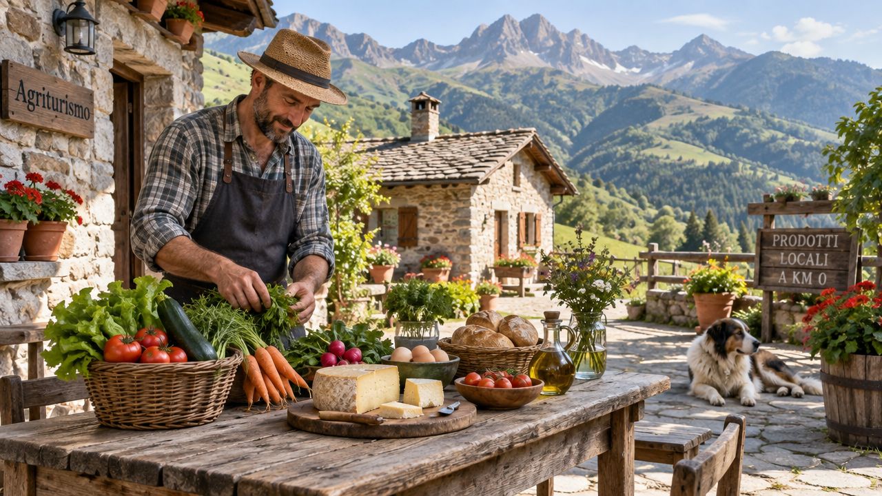 A farmer wearing a straw hat prepares fresh local produce and artisan cheese on a rustic wooden table.