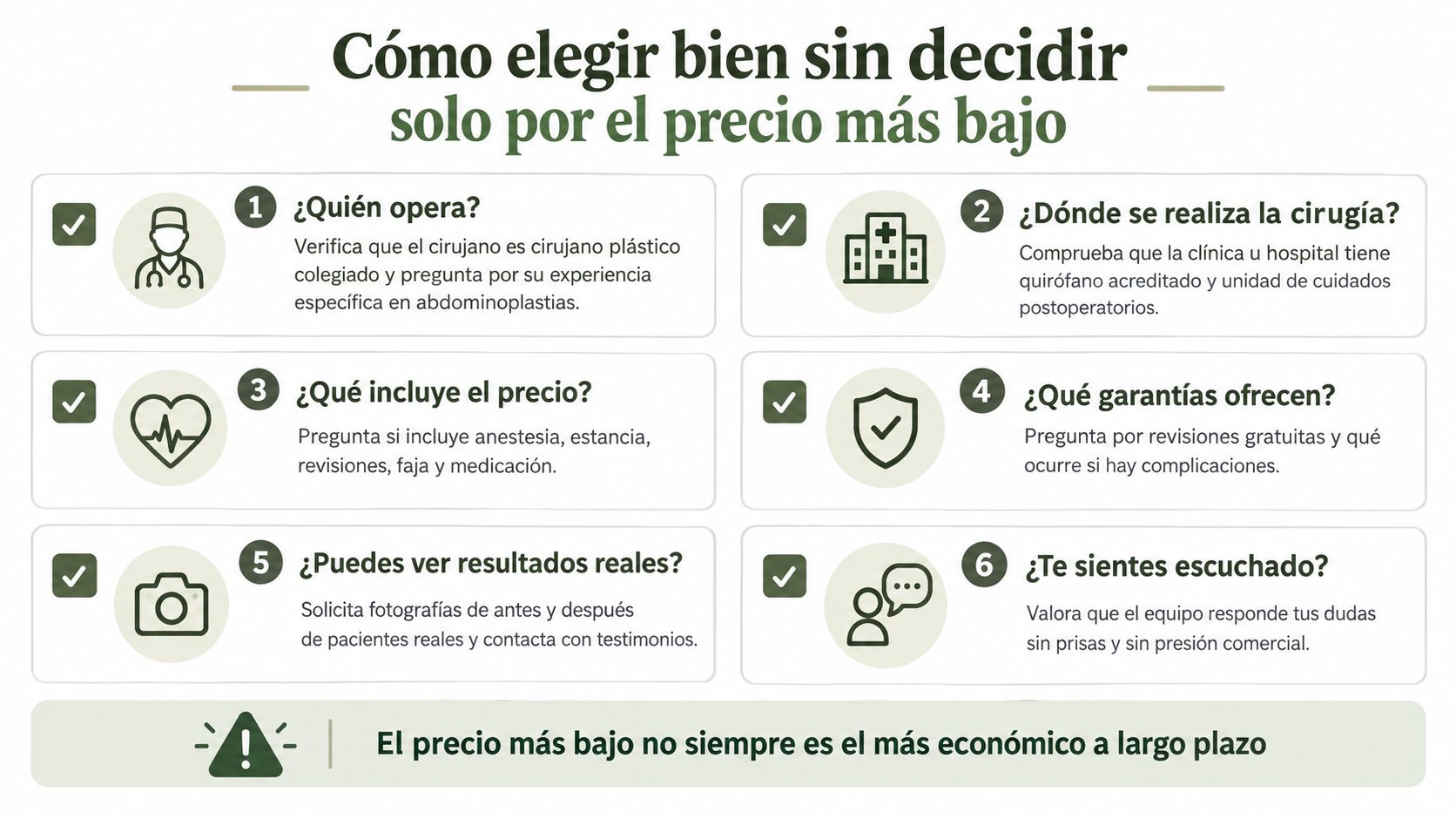 Infografía con seis consejos esenciales para elegir un cirujano plástico y evitar decidir solo por el precio.