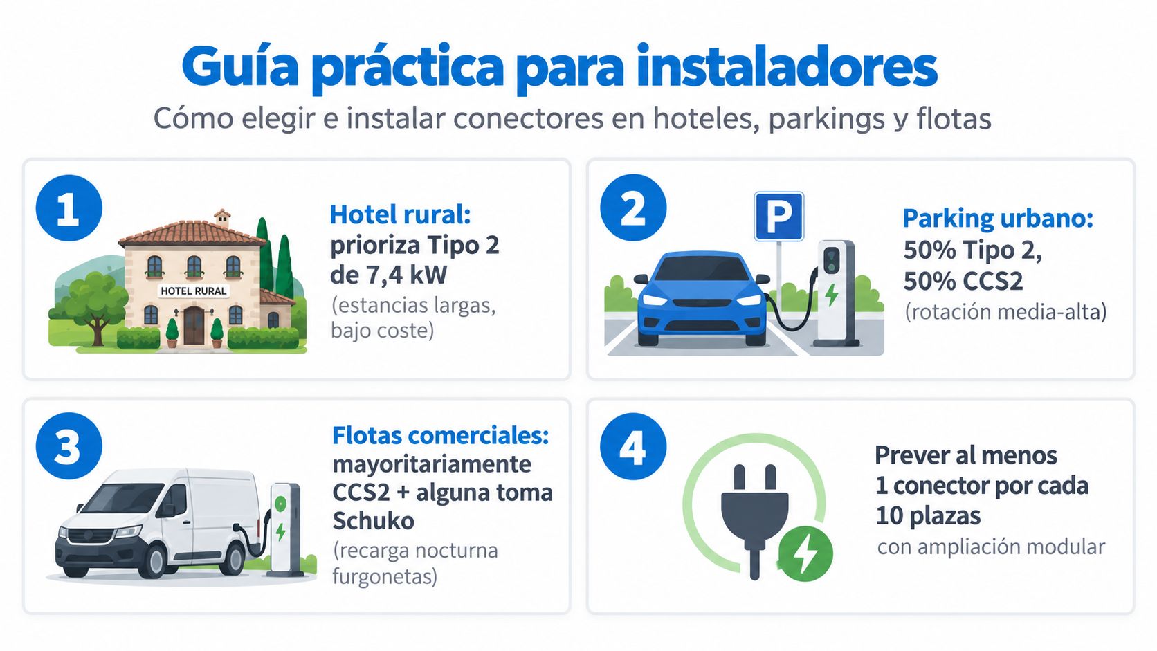 Guía práctica con recomendaciones para instalar conectores de carga para vehículos eléctricos en distintos tipos de establecimientos.