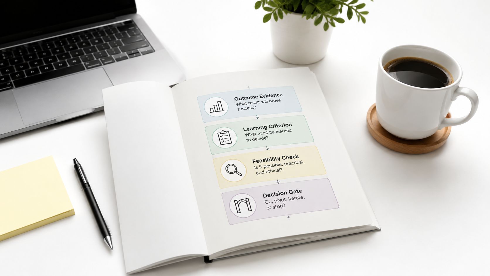 A conceptual flow chart on an open notebook page illustrating a four-step business decision-making framework.