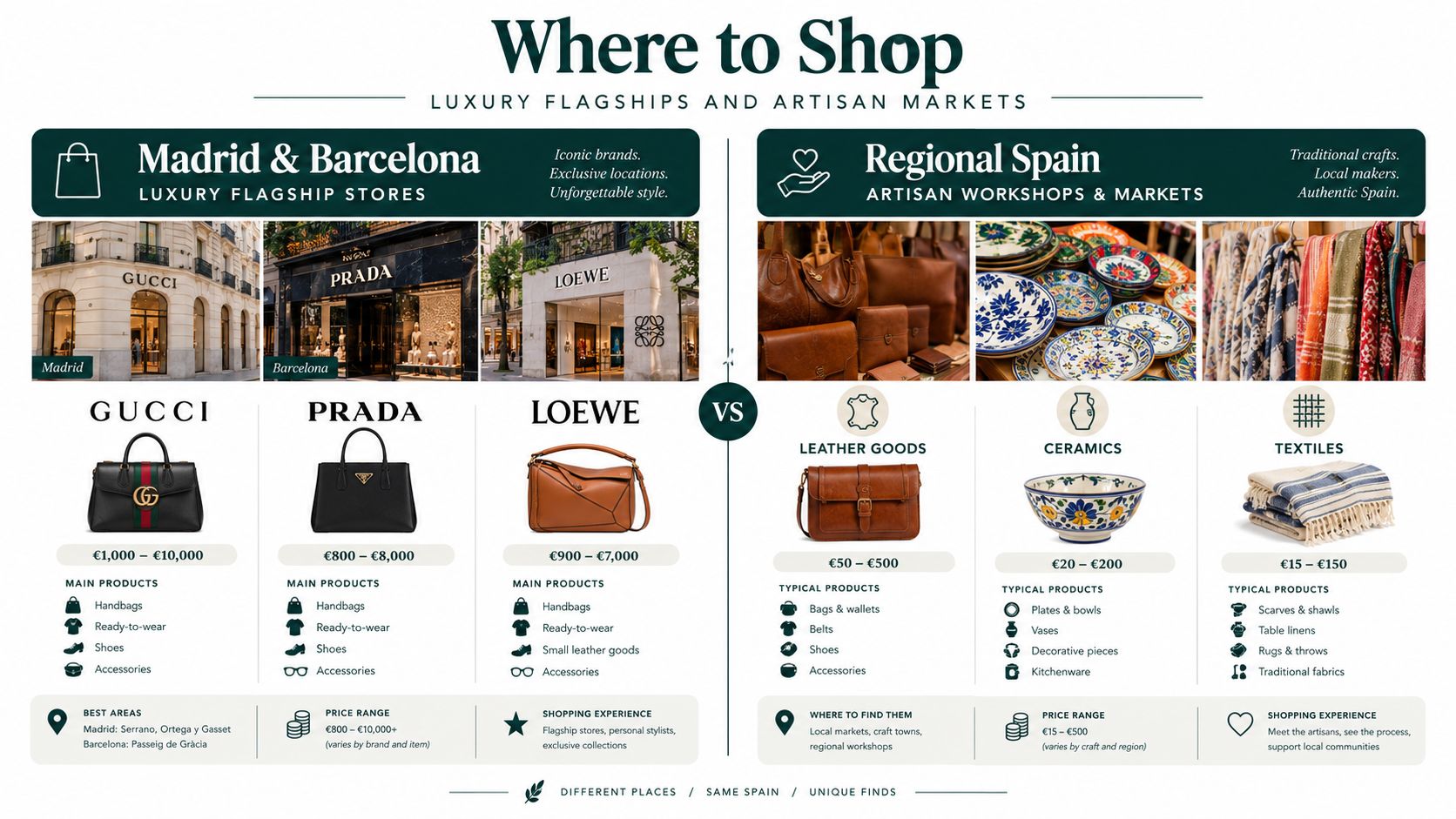 A comparison infographic showing luxury flagships in Madrid and Barcelona versus artisan markets throughout regional Spain.