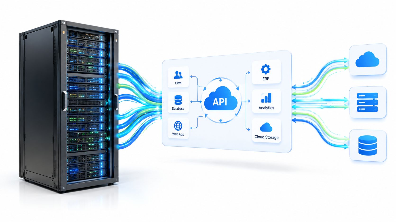 Representación gráfica de un servidor conectado mediante una API a diversas aplicaciones y servicios en la nube