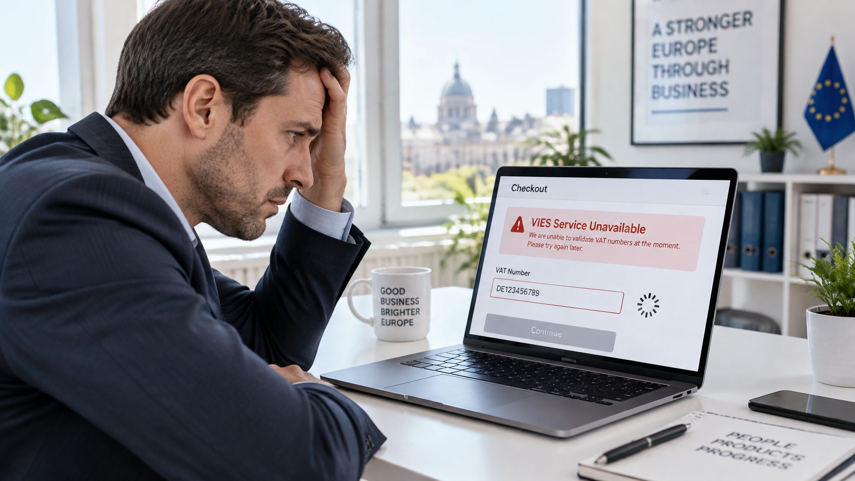 A frustrated businessman sitting at a desk looking at a laptop showing a VIES service error message.