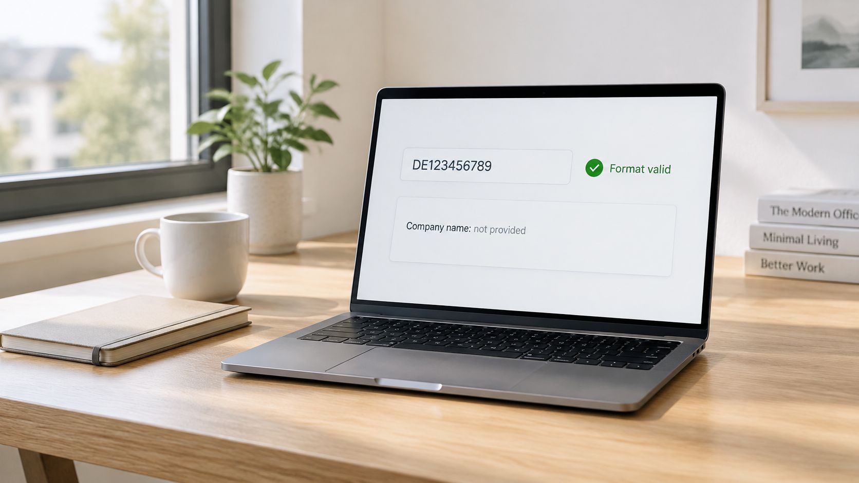 A modern laptop on a wooden desk displaying a valid German VAT ID format on the screen.