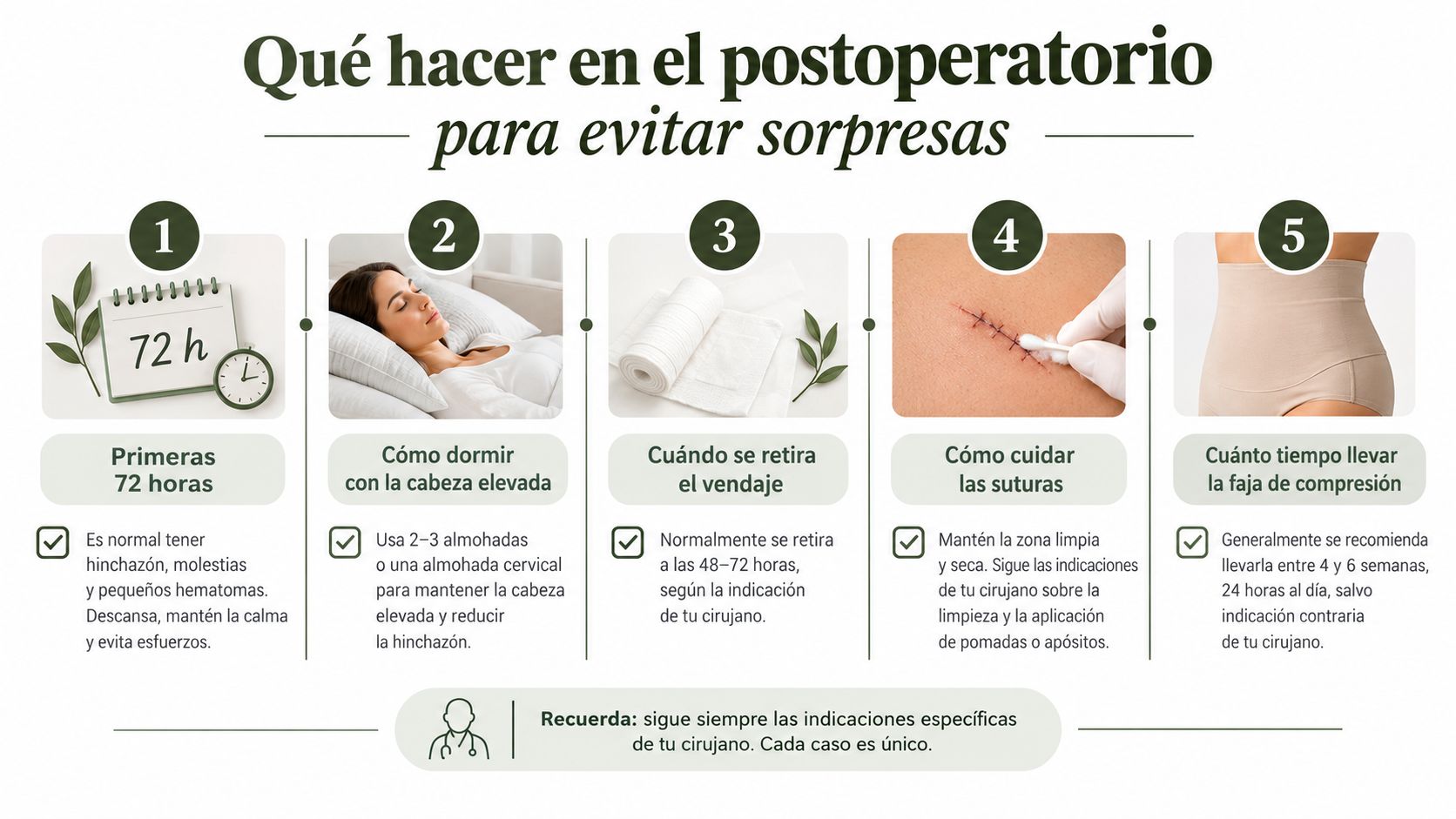 Infografía sobre recomendaciones postoperatorias importantes para pacientes después de una cirugía estética o médica.