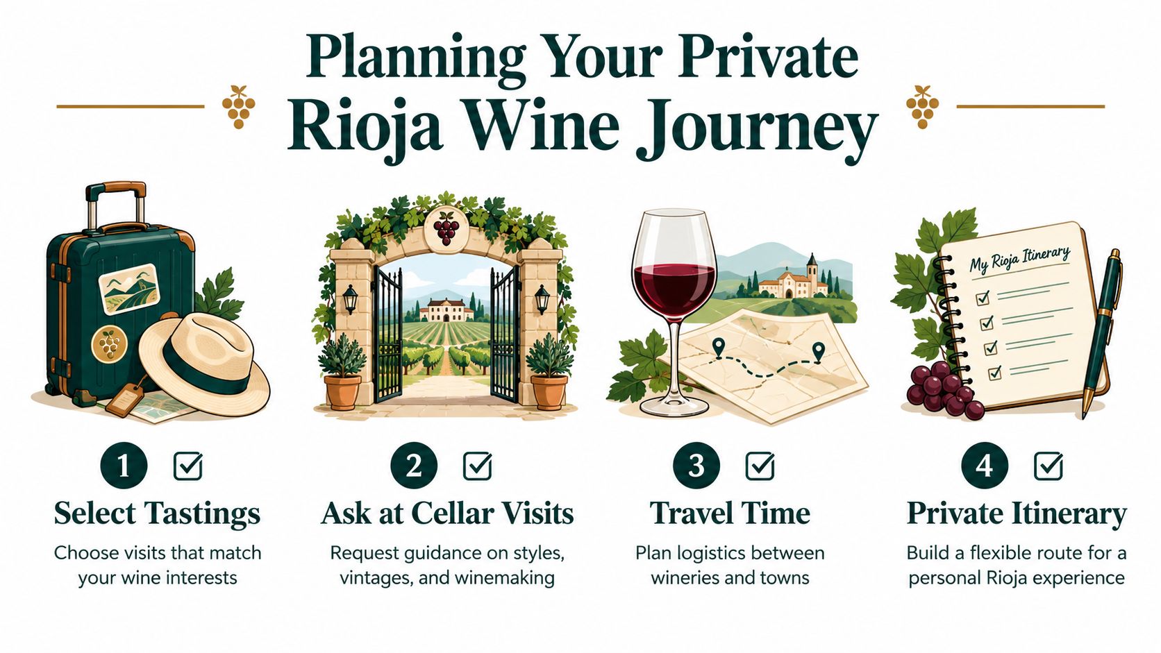 An infographic illustrating four steps to planning a private Rioja wine tour in Spain, including tastings and travel.