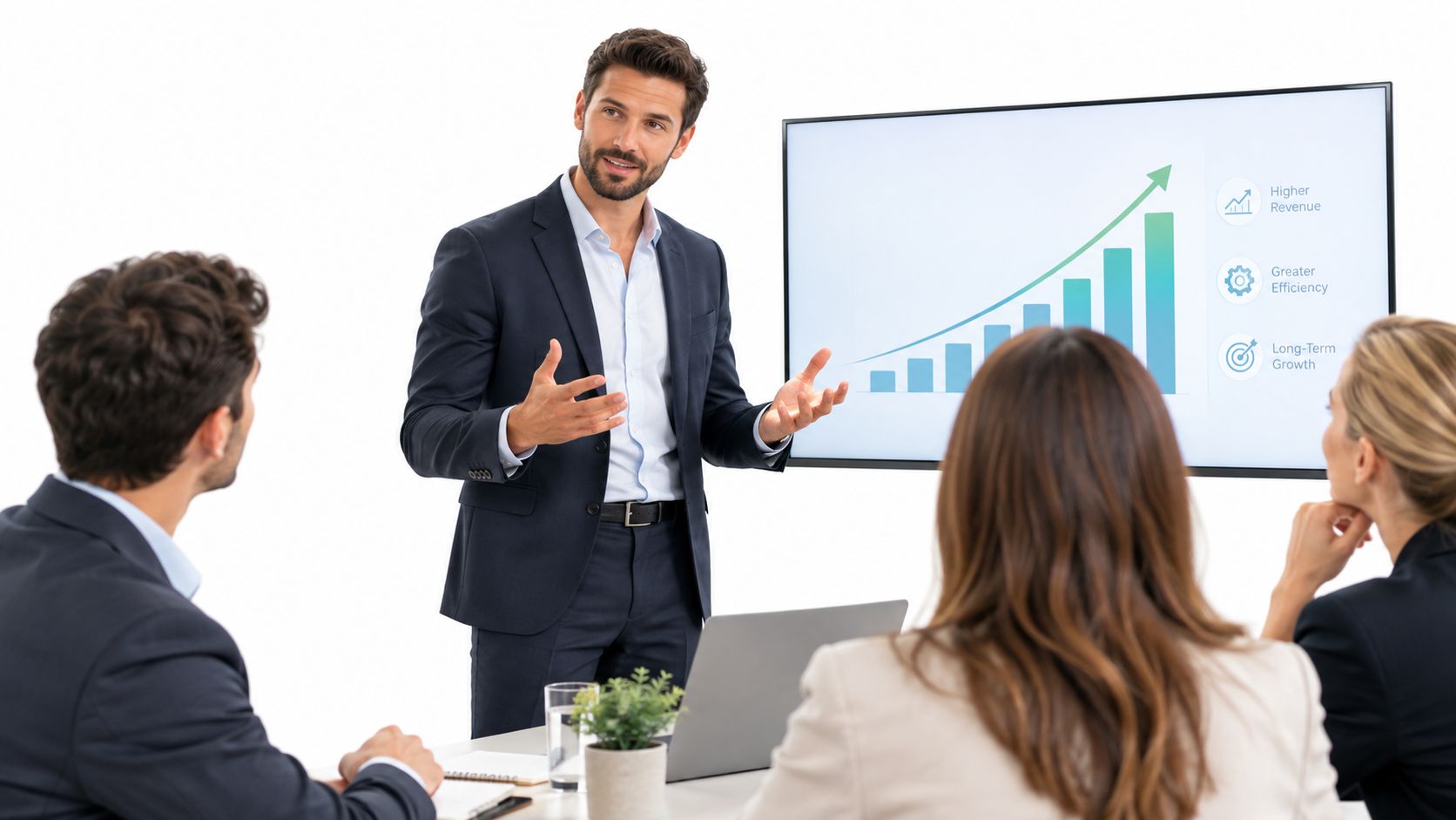 Un hombre de negocios presentando un gráfico de crecimiento a su equipo en una oficina moderna