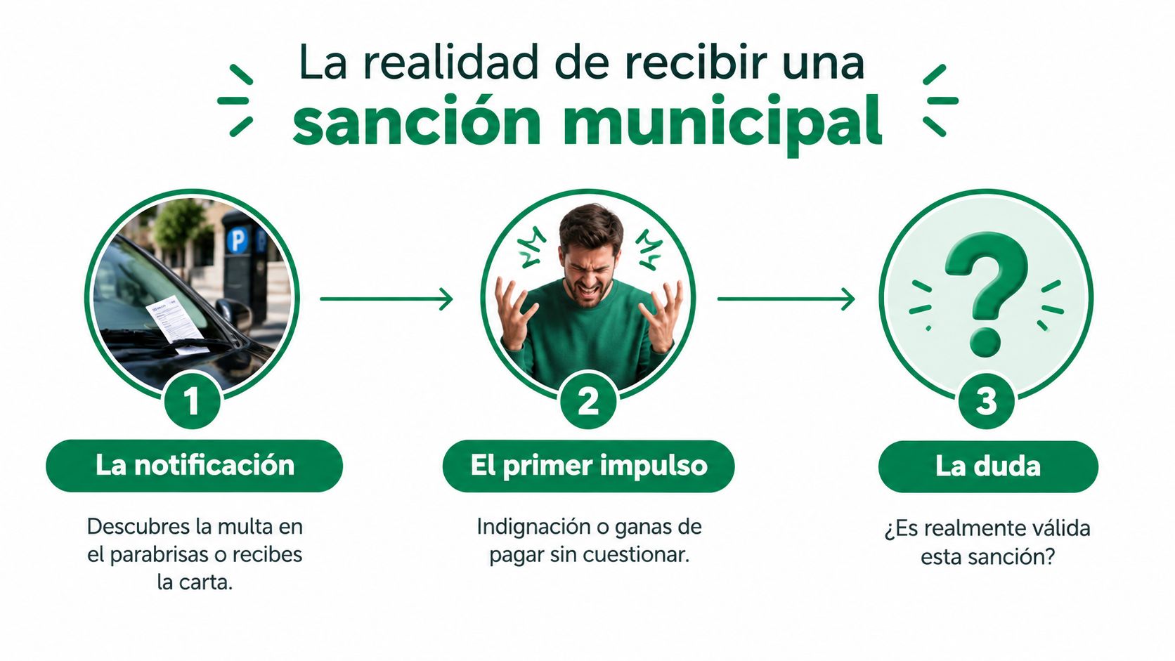 Infografía sobre el proceso emocional y dudas al recibir una sanción municipal o multa de tráfico