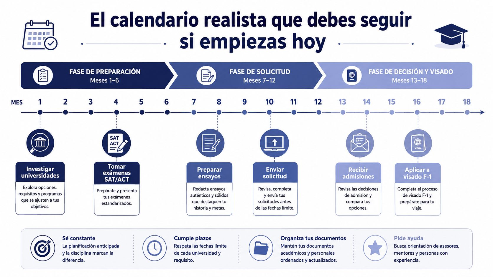 Infografía con un calendario detallado de 18 meses para aplicar a universidades en Estados Unidos.