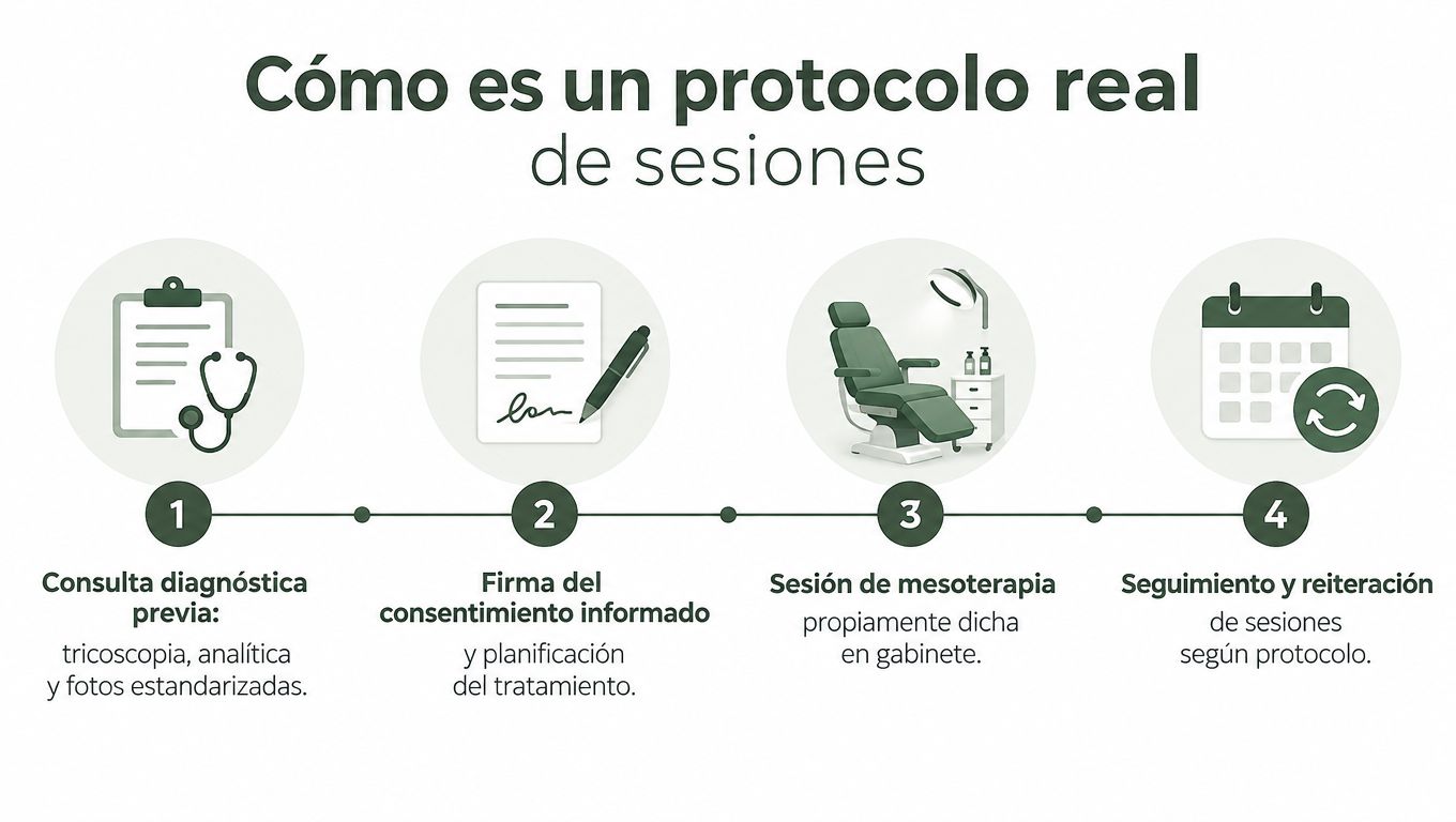 Infografía que detalla los cuatro pasos del protocolo clínico para un tratamiento de mesoterapia capilar personalizada.