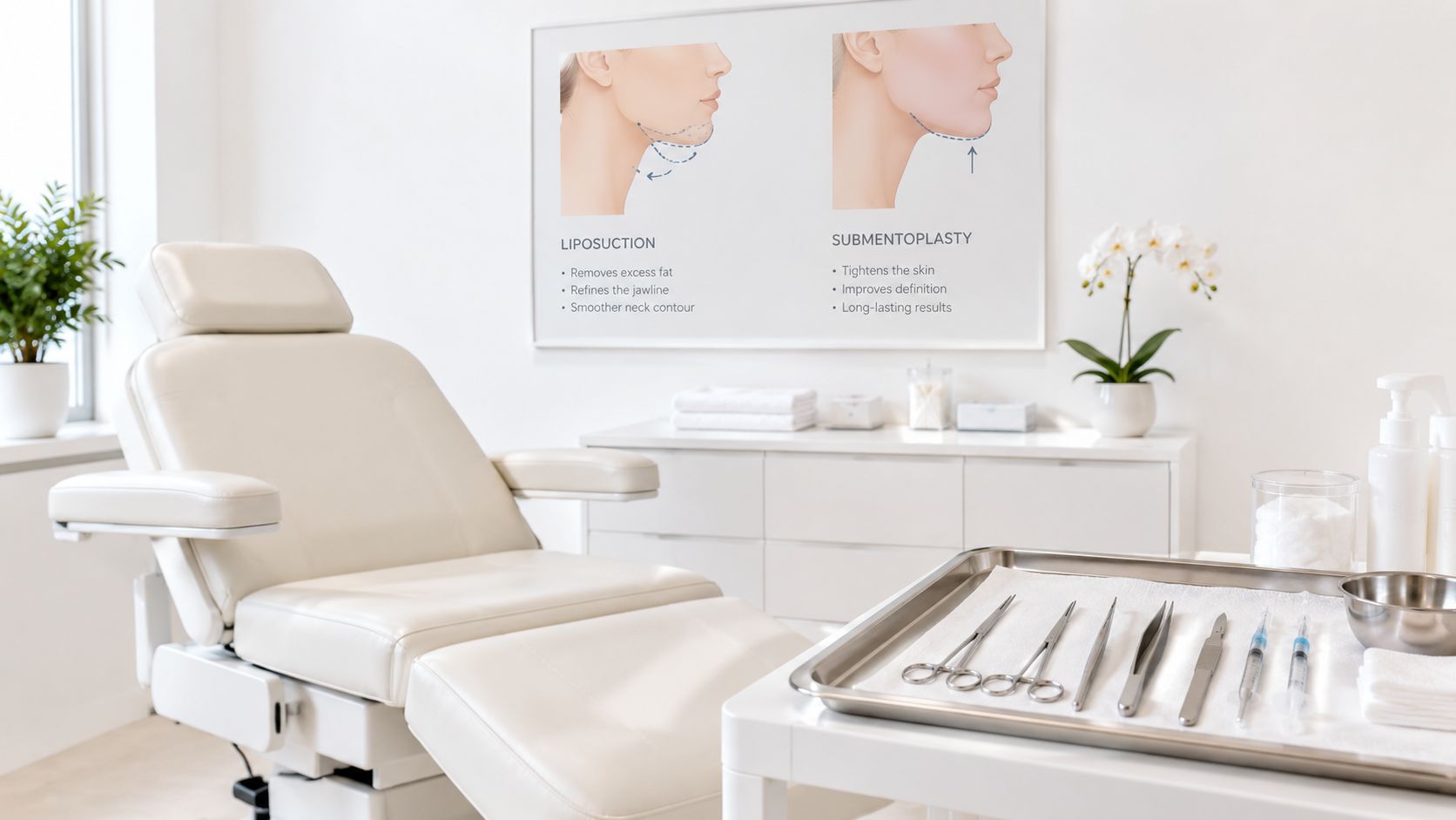 Consulta médica moderna con una silla de tratamiento, instrumental quirúrgico y carteles informativos sobre tratamientos estéticos faciales.