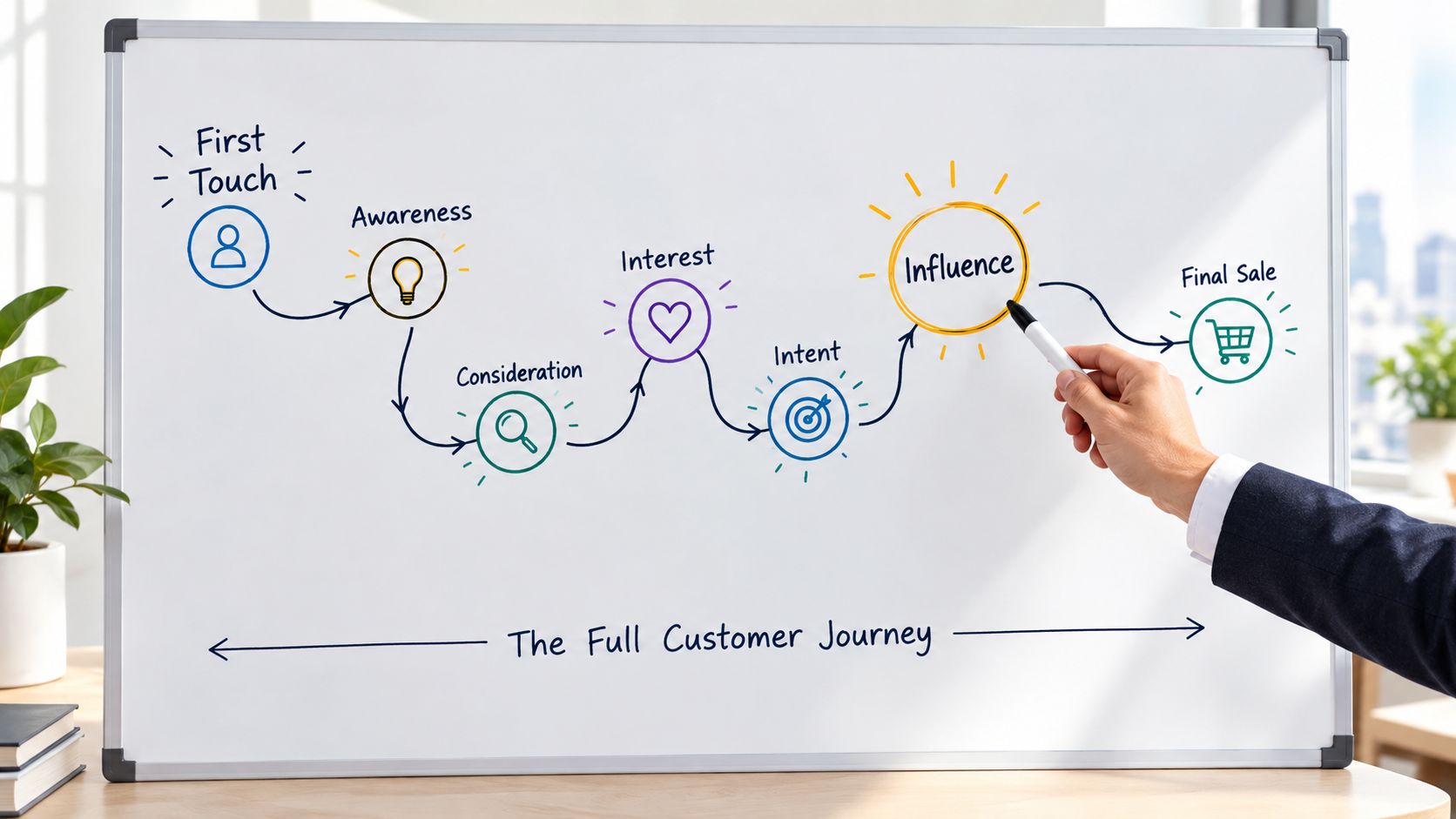 A hand pointing to a customer journey diagram on a whiteboard showing marketing stages from awareness to sale.