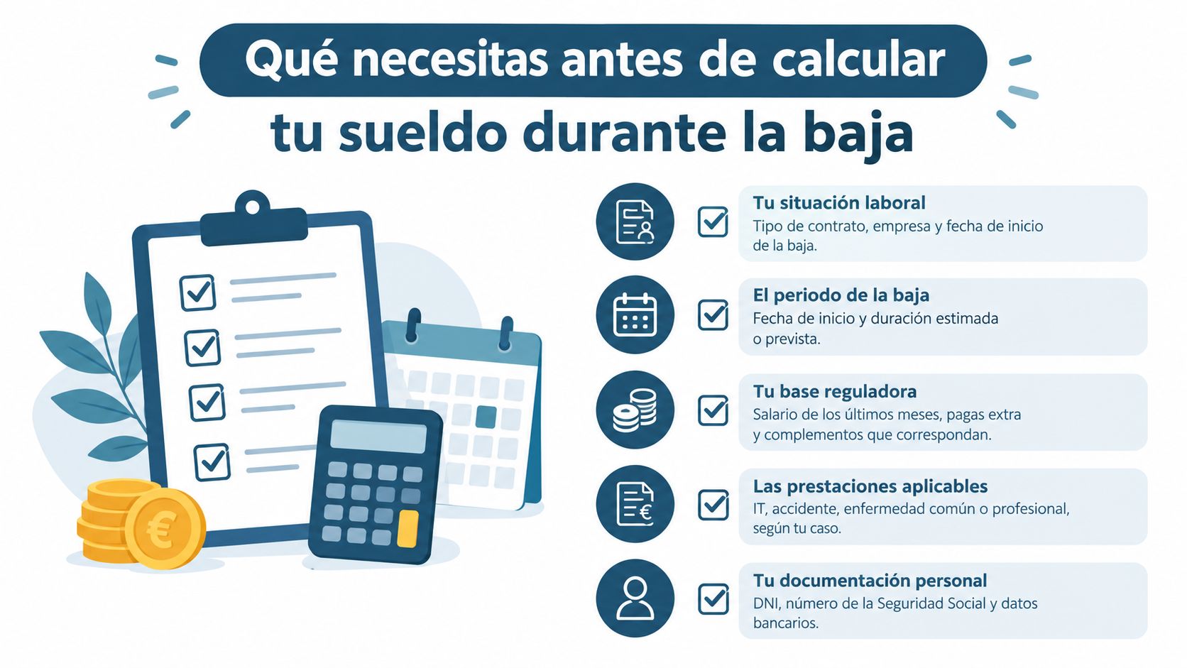 Lista de verificación sobre la información necesaria para calcular el sueldo durante una baja laboral.
