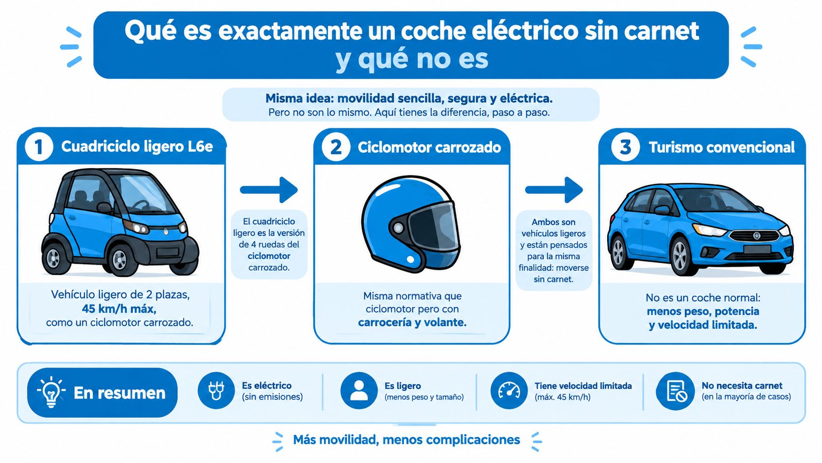 Infografía explicativa sobre las diferencias entre un cuadriciclo ligero, un ciclomotor carrozado y un turismo convencional.