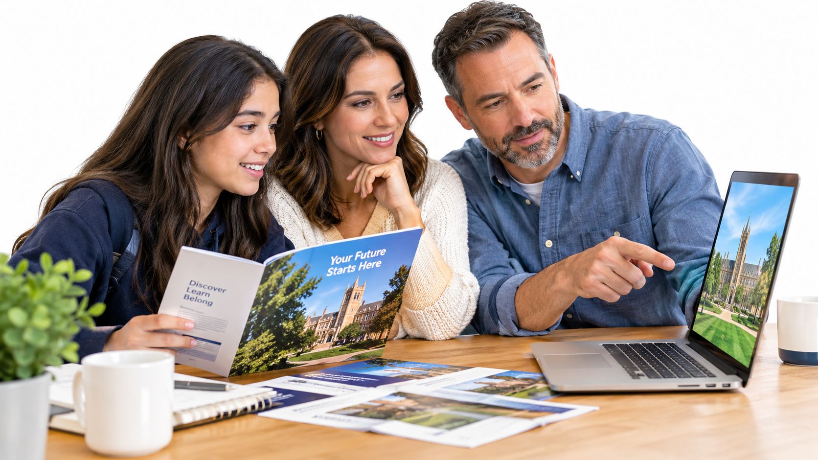 Una familia revisa folletos y una computadora portátil para planificar su futuro académico en una universidad.