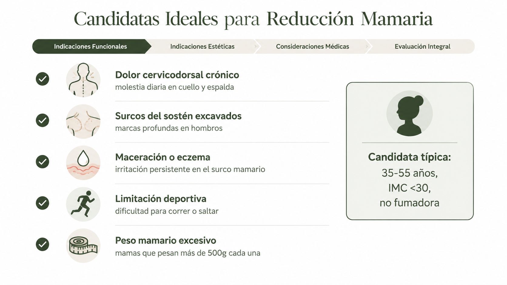 Infografía sobre las indicaciones funcionales ideales para someterse a una operación de reducción de pecho médica.