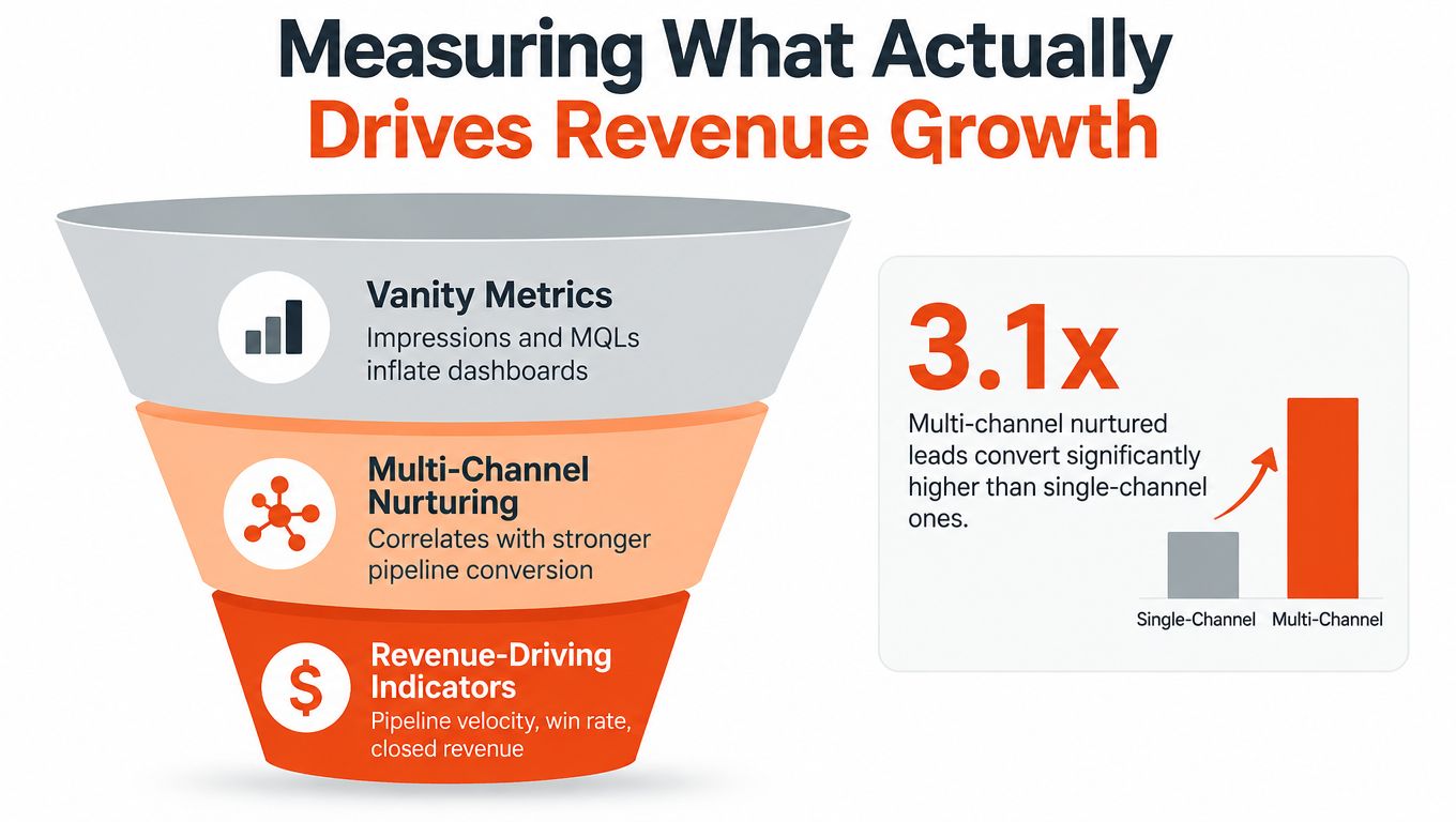 A marketing funnel diagram showing the transition from vanity metrics to revenue-driving indicators for sales growth.