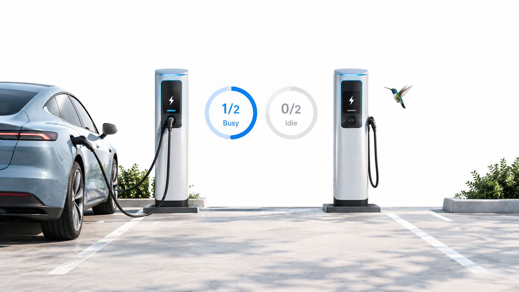 Un coche eléctrico cargando en una estación de carga moderna con medidores digitales que muestran su estado.
