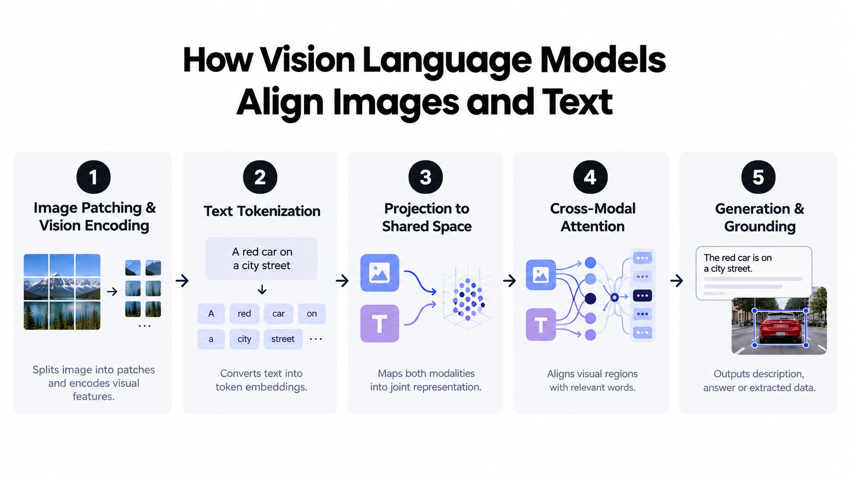A five-step infographic explaining how vision language models align image and text data through processing.
