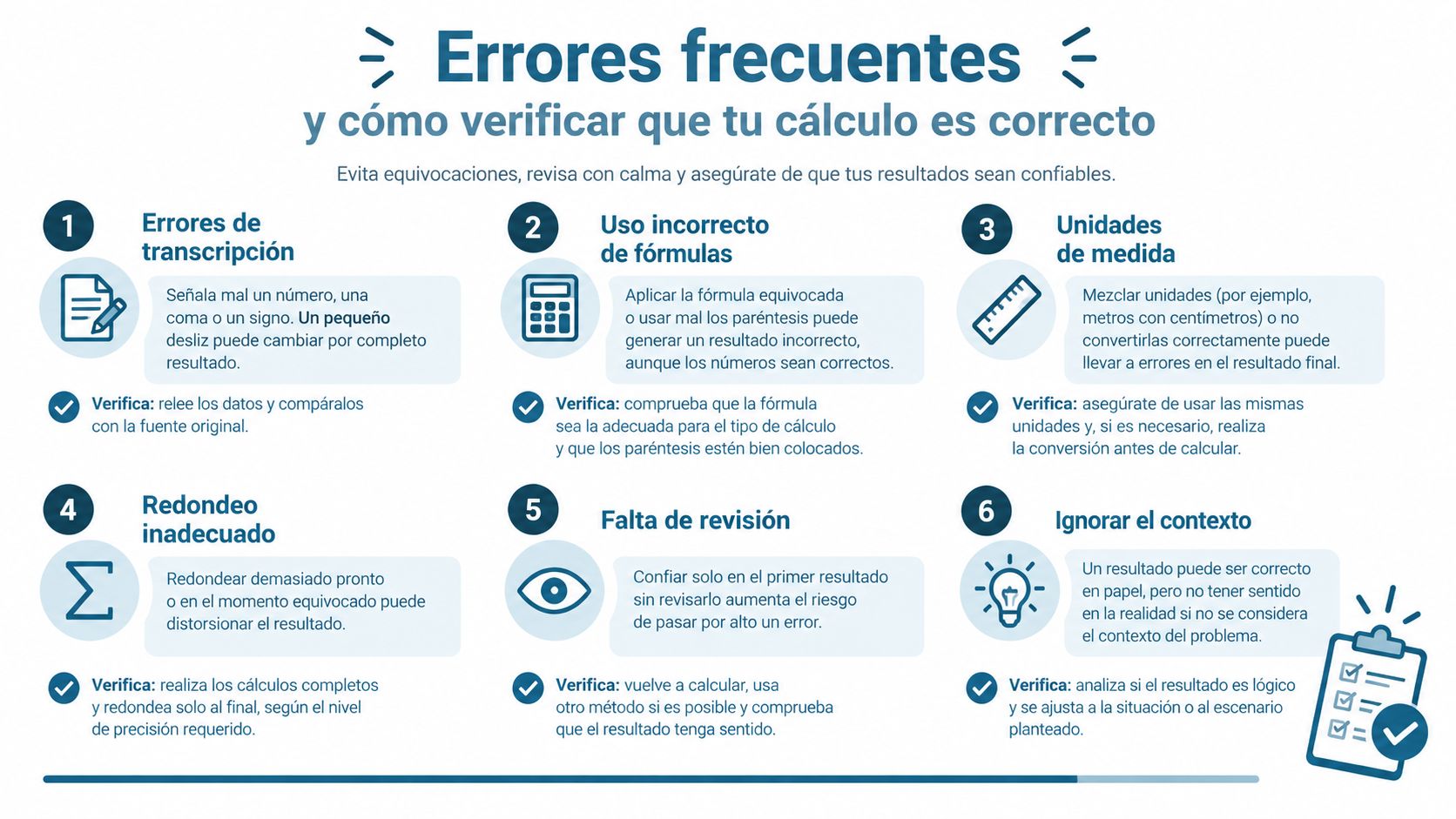 Infografía sobre errores frecuentes en cálculos matemáticos y cómo verificar resultados para asegurar precisión en tus resultados.