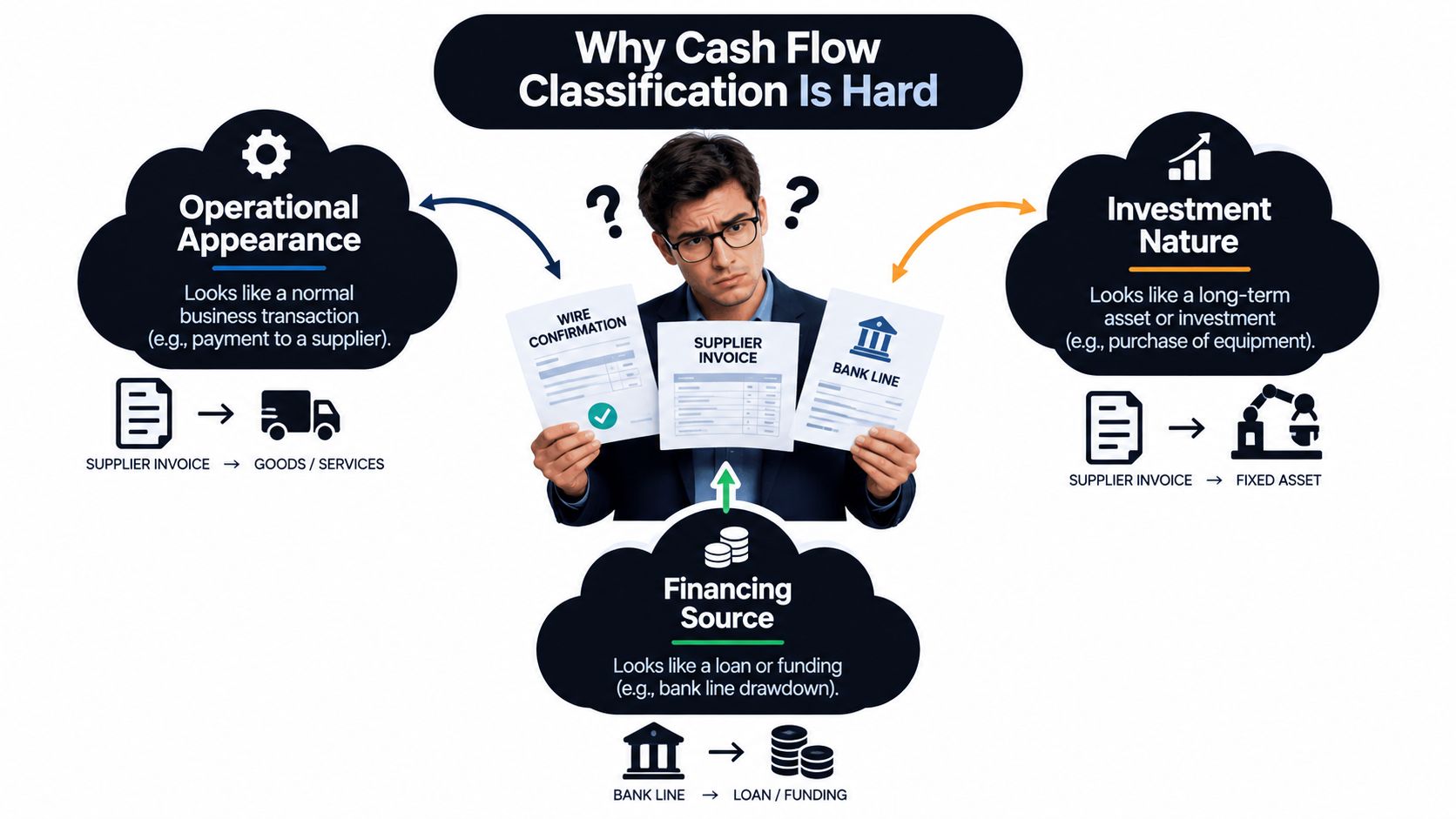 A professional man holding financial documents, representing the confusion surrounding complex business cash flow classification categories.