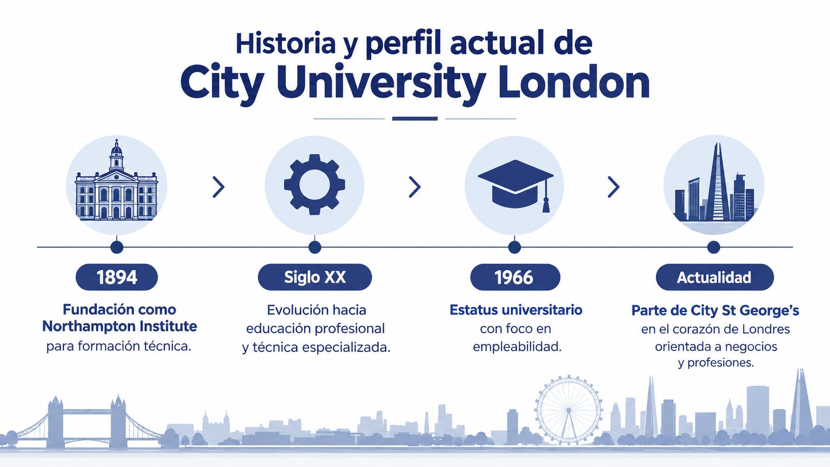 Línea de tiempo que muestra la historia y evolución académica de City University London desde 1894 hasta hoy.