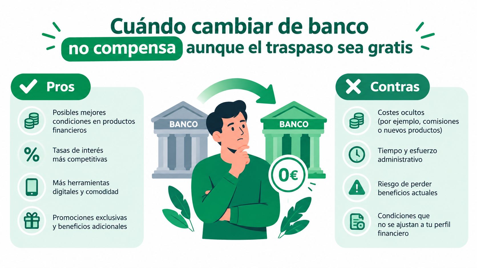 Una infografía mostrando los pros y contras de cambiar de banco aunque el traspaso sea gratuito.