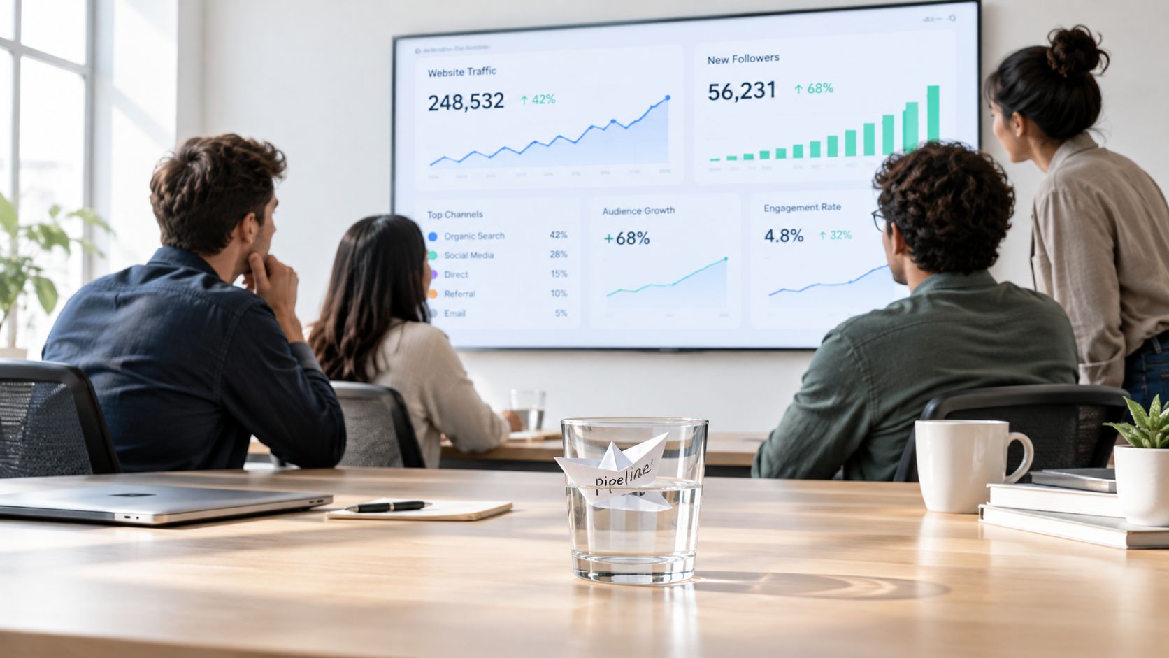 A team of business professionals analyze marketing growth metrics and data on a large office screen.