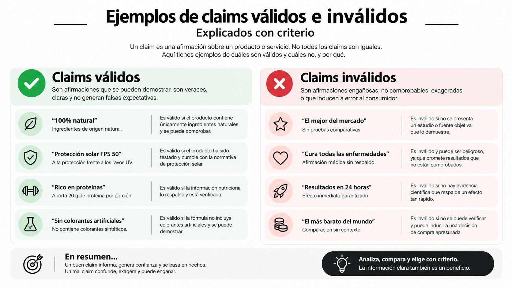 Infografía que explica la diferencia entre claims publicitarios válidos e inválidos con ejemplos y criterios de verificación.