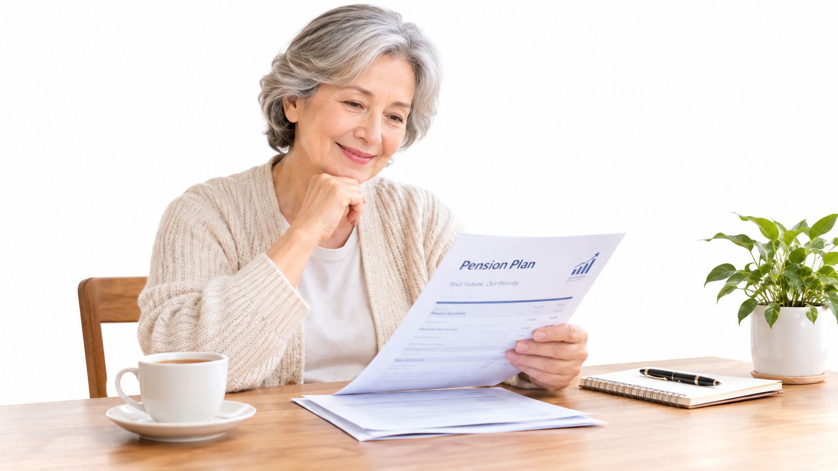 Mujer mayor sonriendo mientras revisa atentamente los documentos de su plan de pensiones sentada en una mesa.