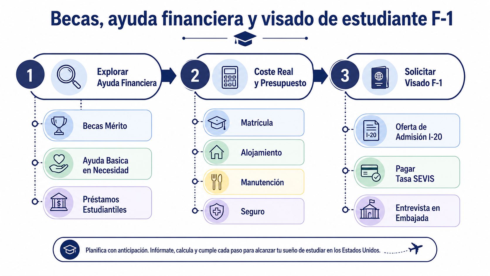Infografía paso a paso sobre becas, ayuda financiera y el proceso para obtener el visado de estudiante F-1.