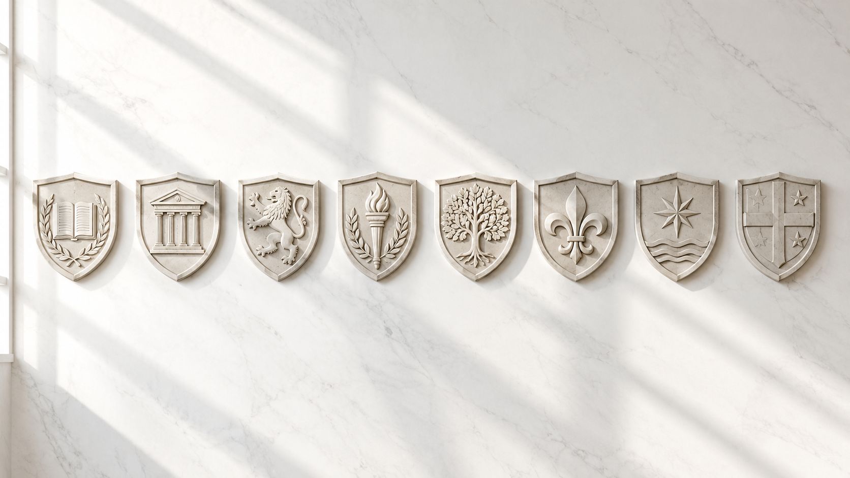 Una serie de escudos de mármol tallados en relieve montados sobre una pared blanca con luz solar.