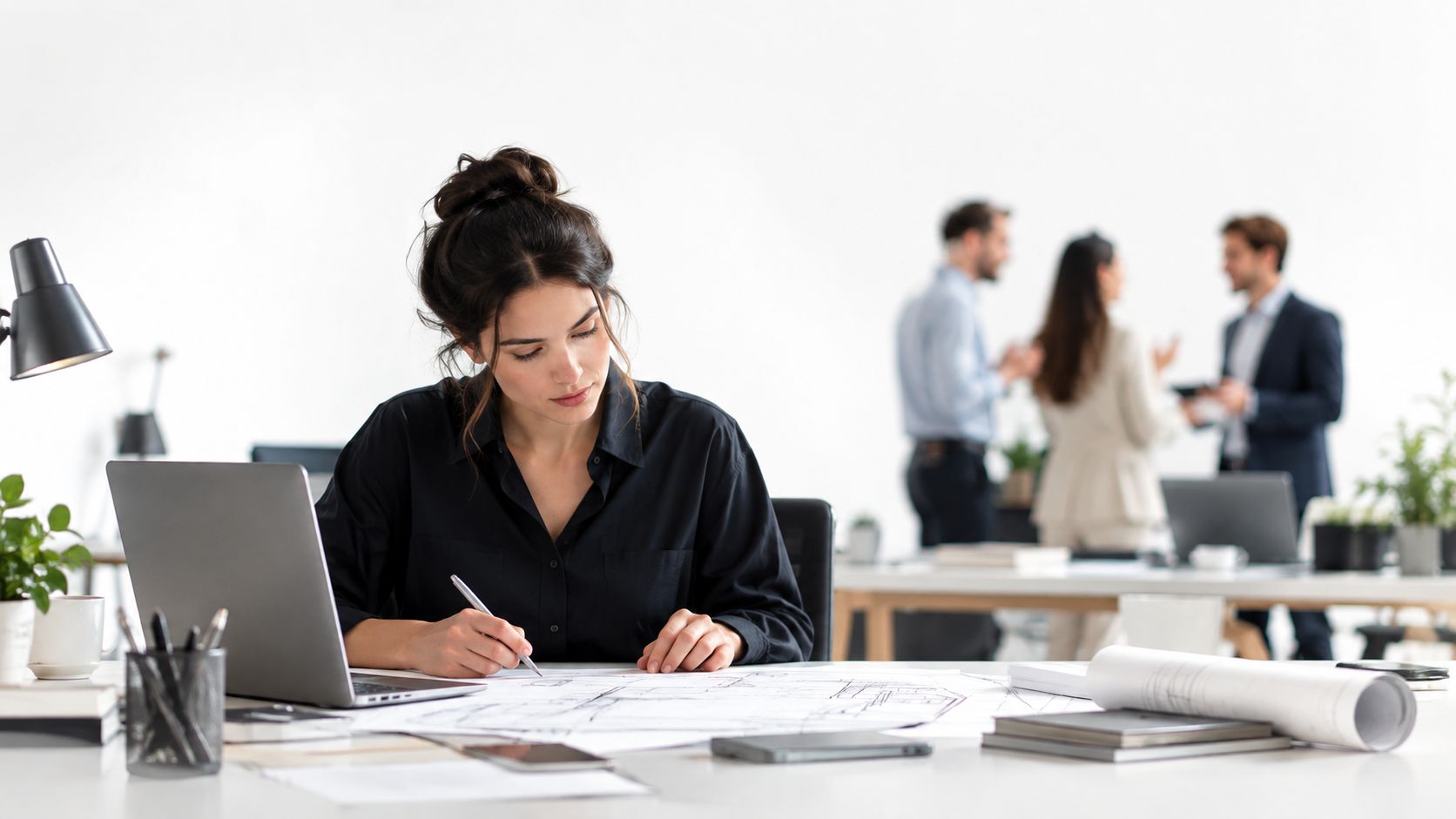 Una arquitecta concentrada trabajando en planos de diseño sobre su escritorio de oficina con una laptop