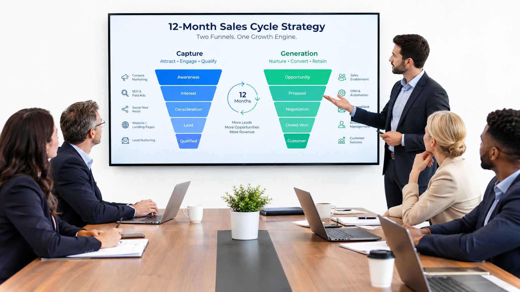 A professional presenter explains a 12-month sales cycle strategy diagram to a team in a meeting room.