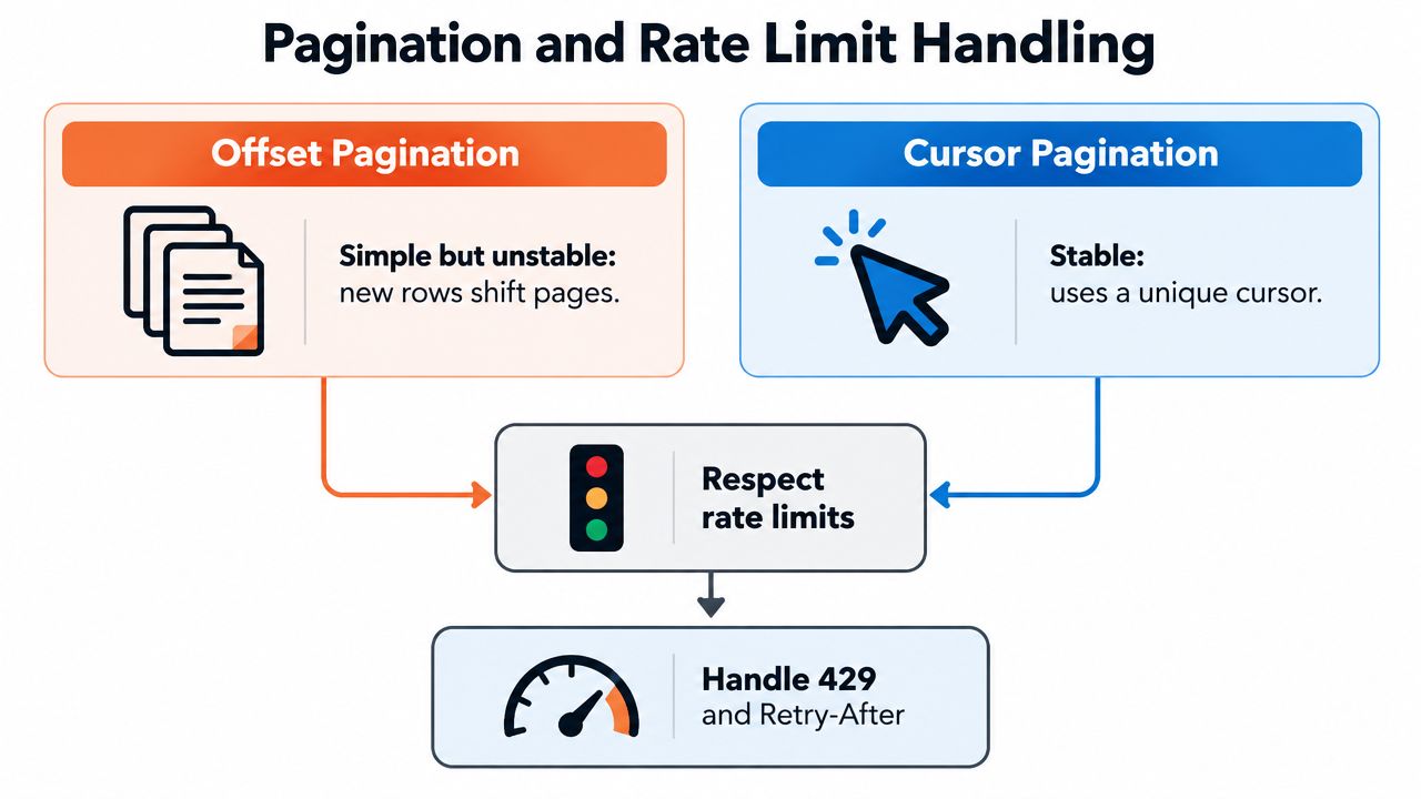 A diagram comparing offset and cursor pagination techniques while emphasizing the importance of handling API rate limits.