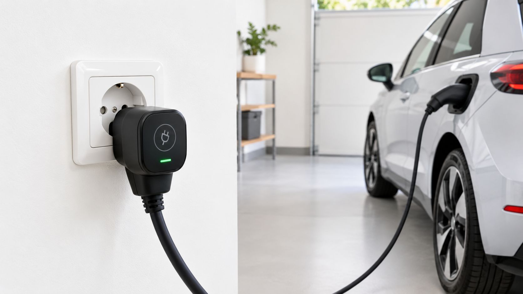 Un coche eléctrico cargándose en un enchufe de pared de una casa moderna de forma segura y eficiente.