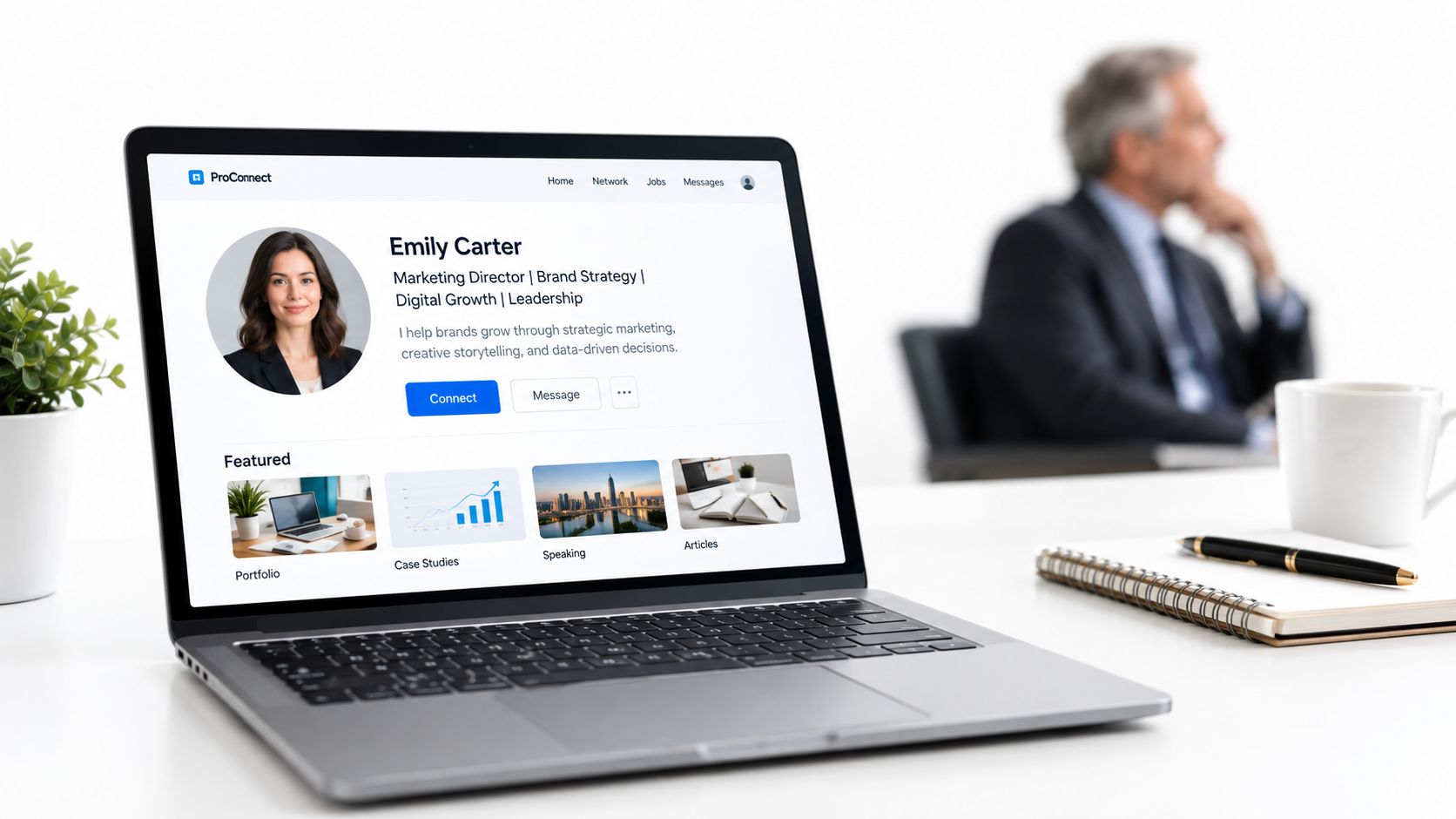 A laptop screen displaying an Emily Carter professional networking profile on a desk in an office.