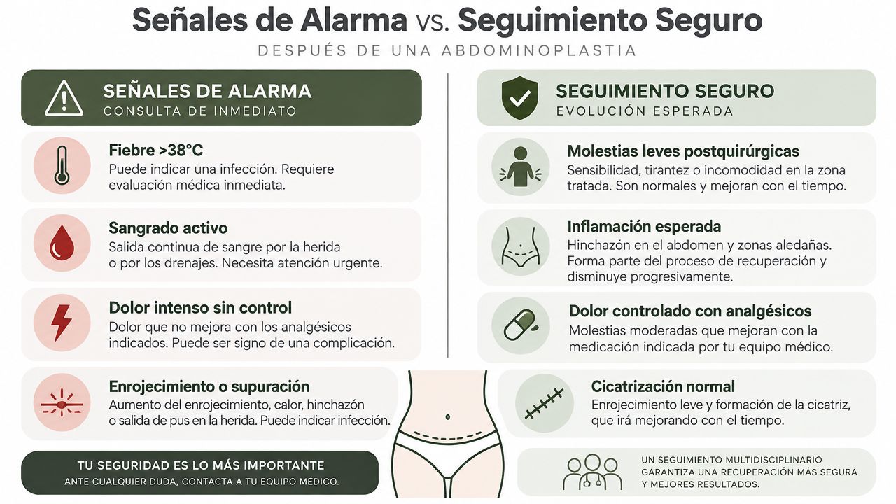 Infografía que muestra señales de alarma y seguimiento seguro tras una cirugía de abdominoplastia para pacientes.