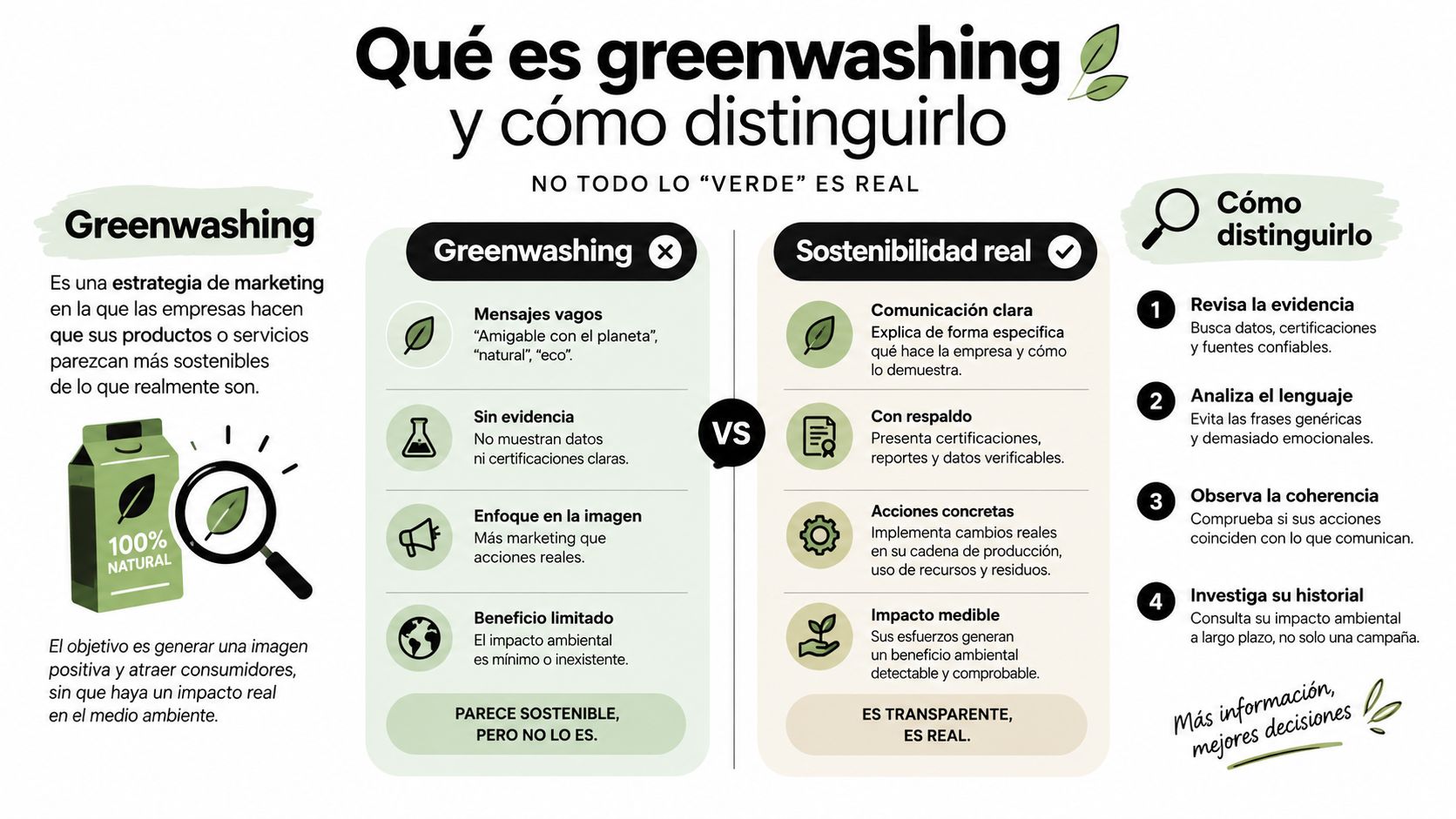 Infografía educativa que explica qué es el greenwashing y cómo diferenciarlo de una sostenibilidad real.