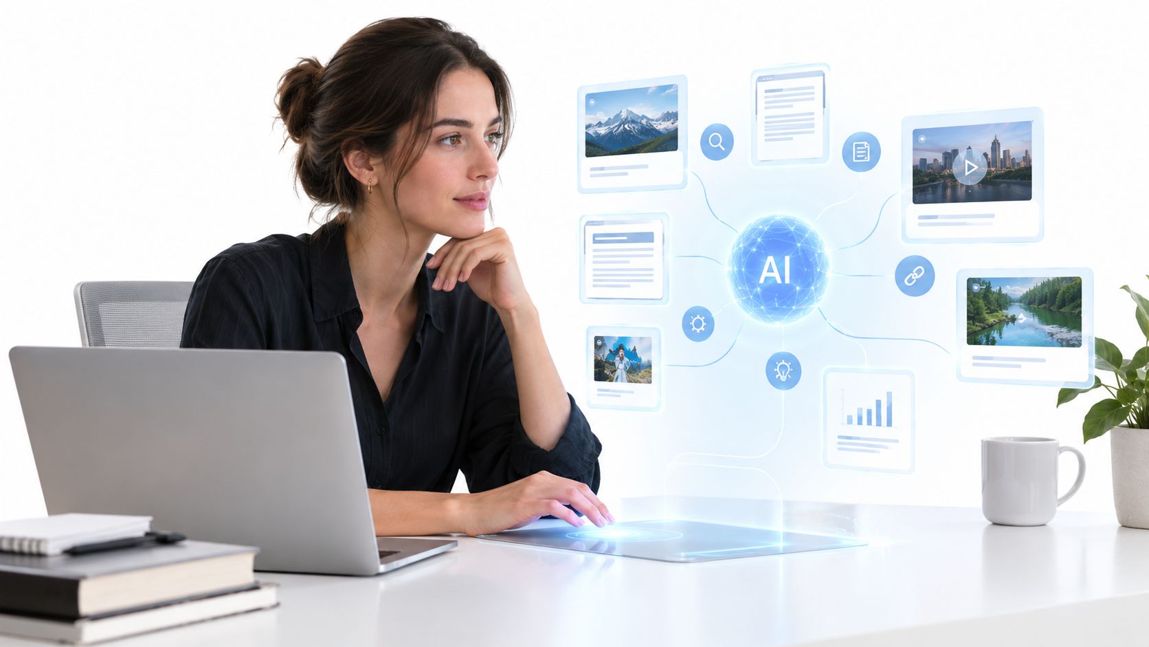 A professional woman uses a digital interface to interact with AI-generated content and data visualization tools.