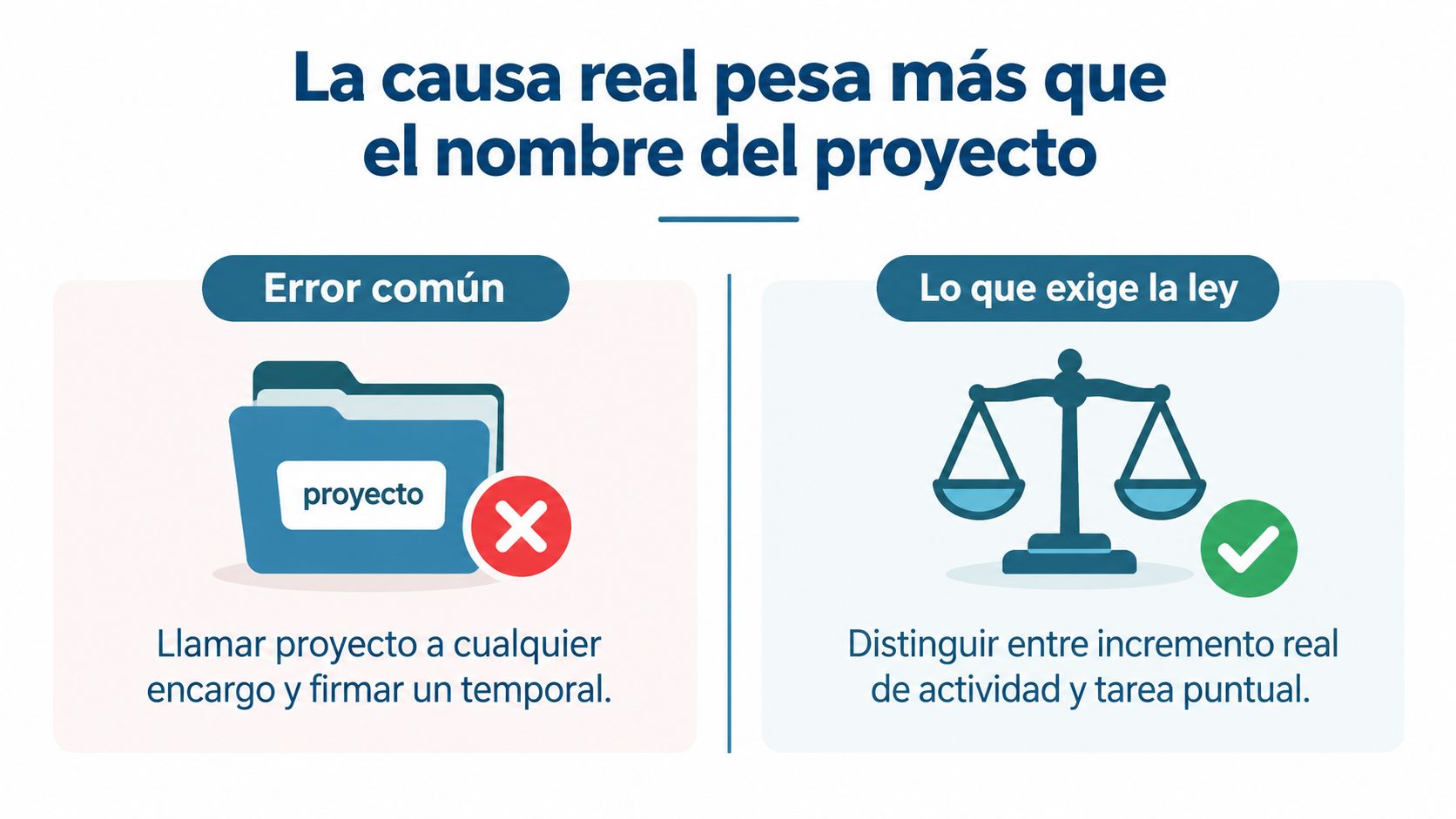 Infografía comparativa sobre la diferencia legal entre proyectos reales y tareas temporales en contratos laborales.