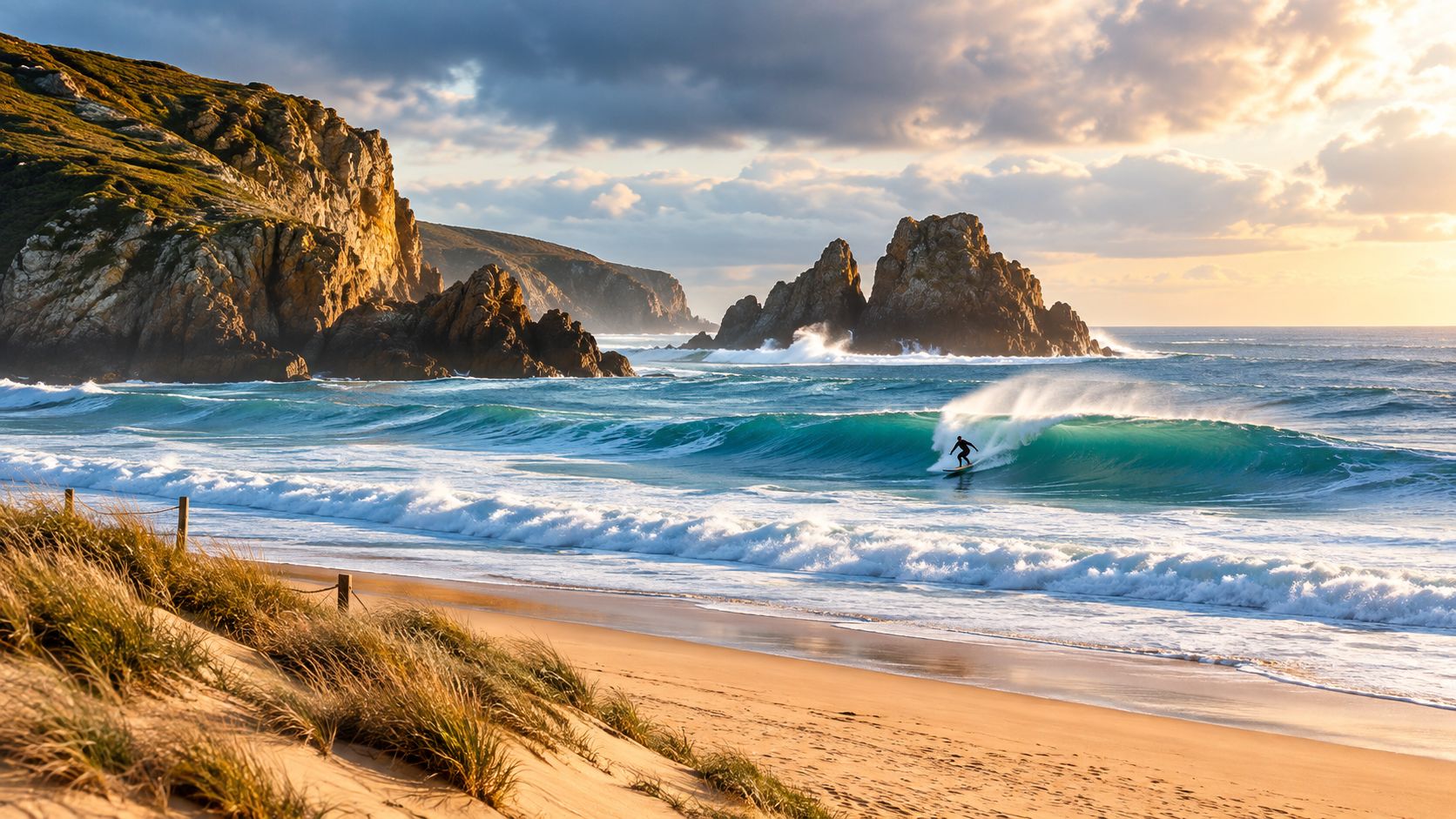 A lone surfer rides a turquoise wave on a scenic sandy beach near dramatic coastal rock formations.