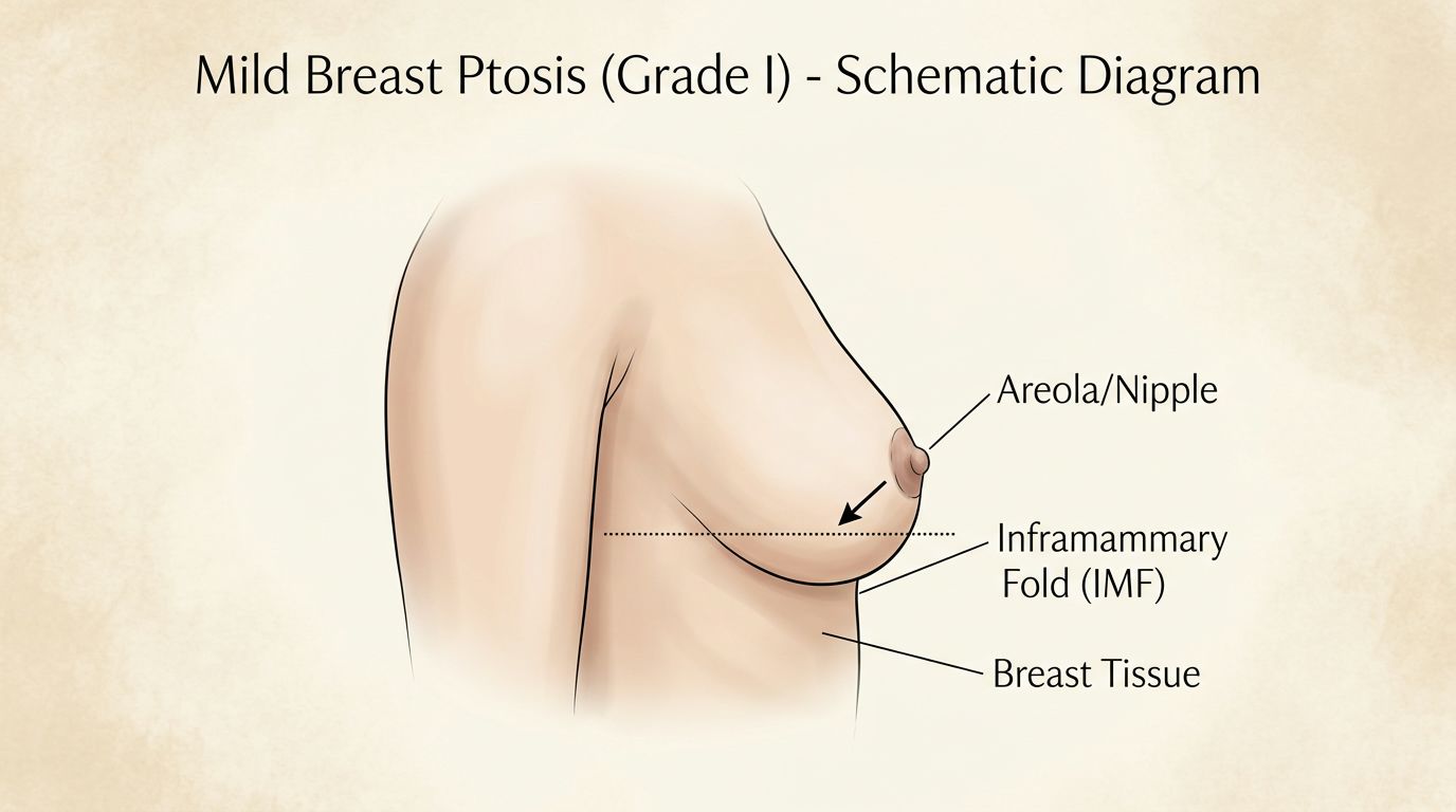 Diagrama esquemático que ilustra la ptosis mamaria leve de grado uno y su relación con el pliegue inframamario.