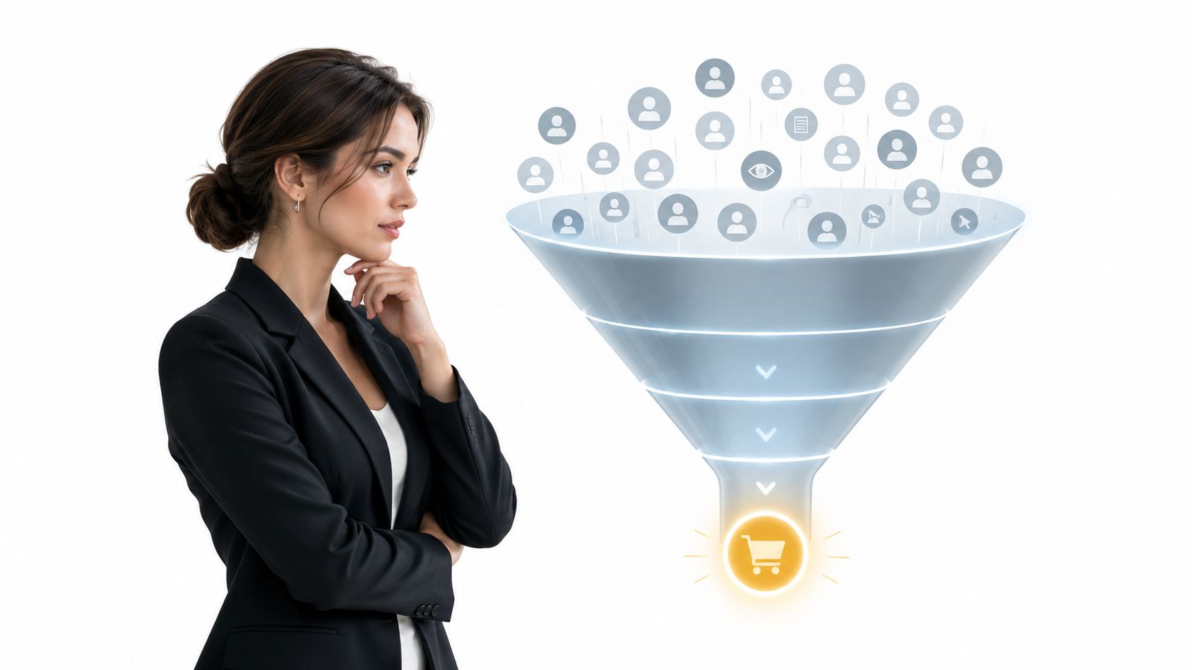 A professional businesswoman looking thoughtfully at a digital marketing funnel graphic with user icons and a shopping cart.