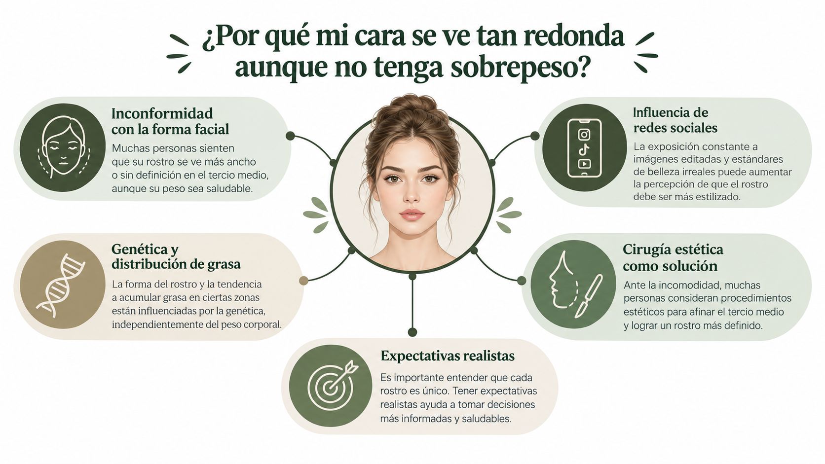 Infografía sobre por qué la cara puede verse redonda independientemente del peso corporal y sus causas principales.