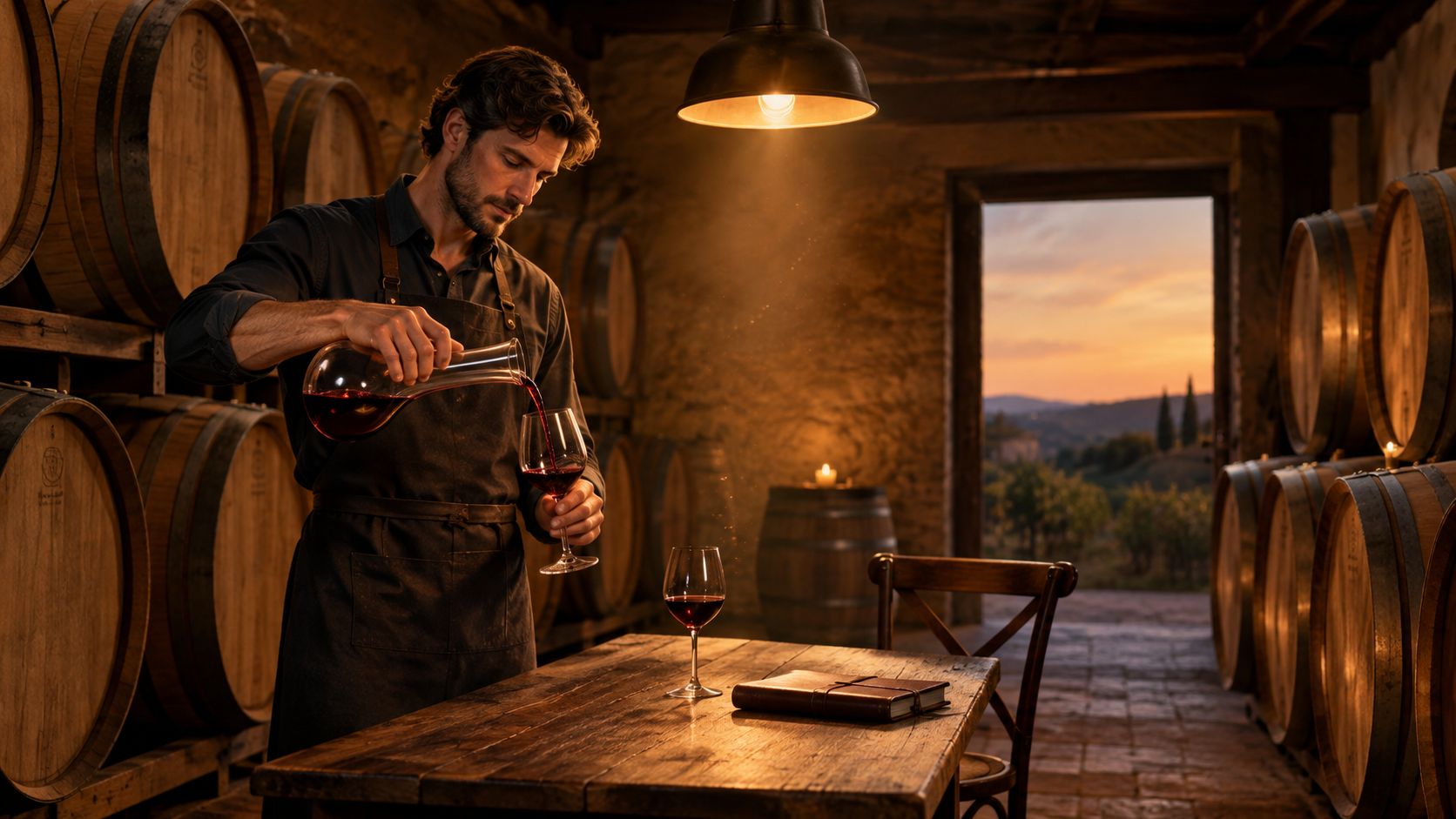 A professional winemaker pouring red wine from a decanter into a glass inside a rustic wine cellar.